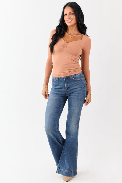 Copper Shirred Bust Fitted Long Sleeve Top