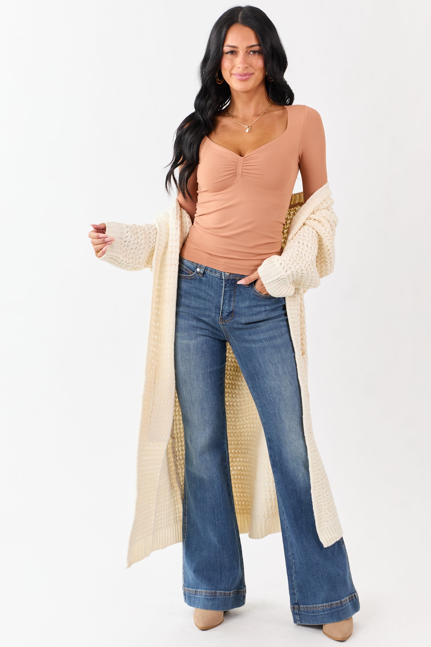 Copper Shirred Bust Fitted Long Sleeve Top