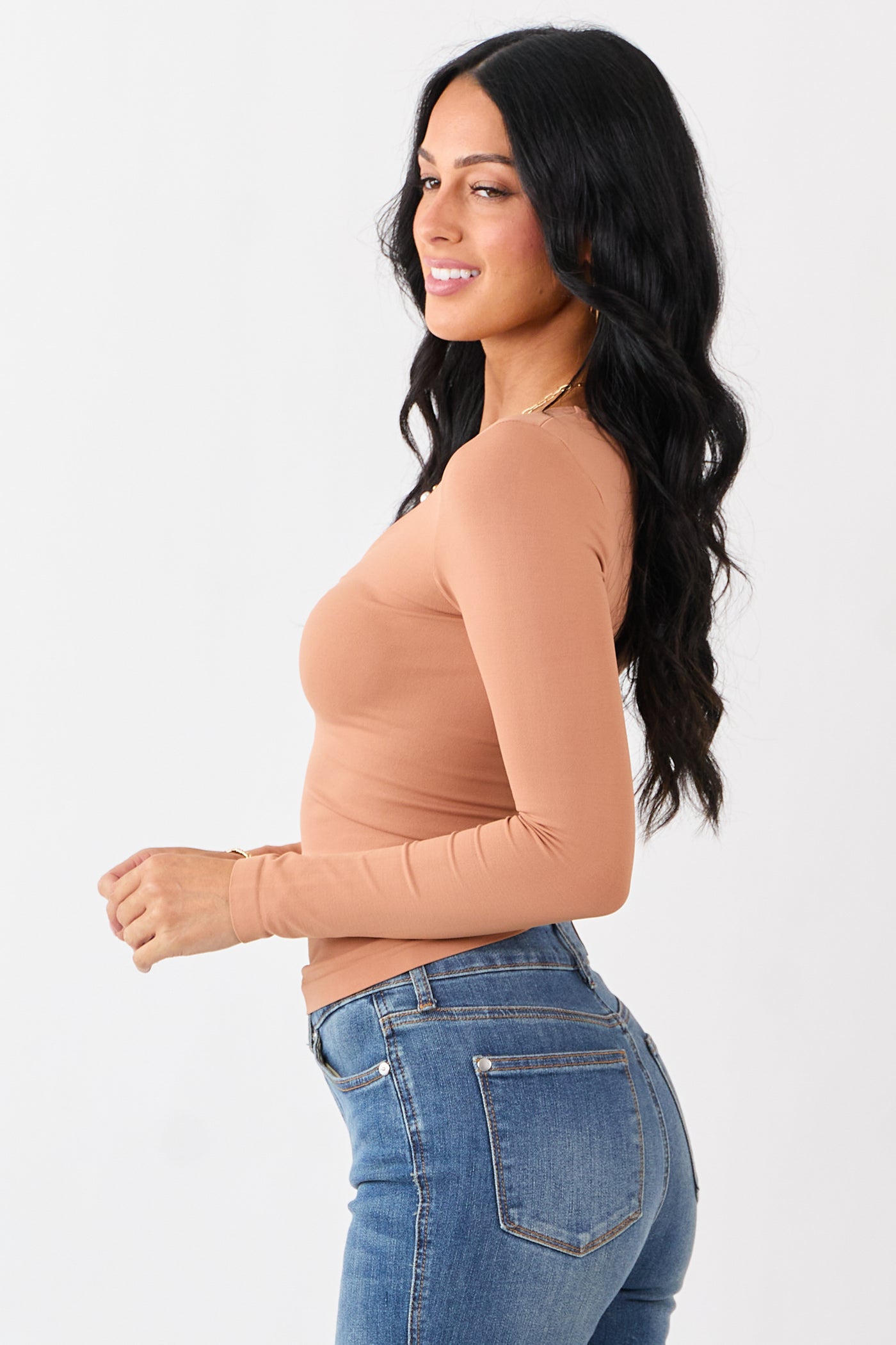 Copper Shirred Bust Fitted Long Sleeve Top