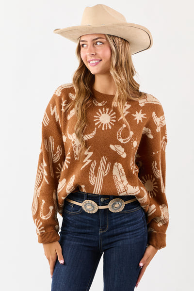 Copper Western Graphic Long Sleeve Sweater