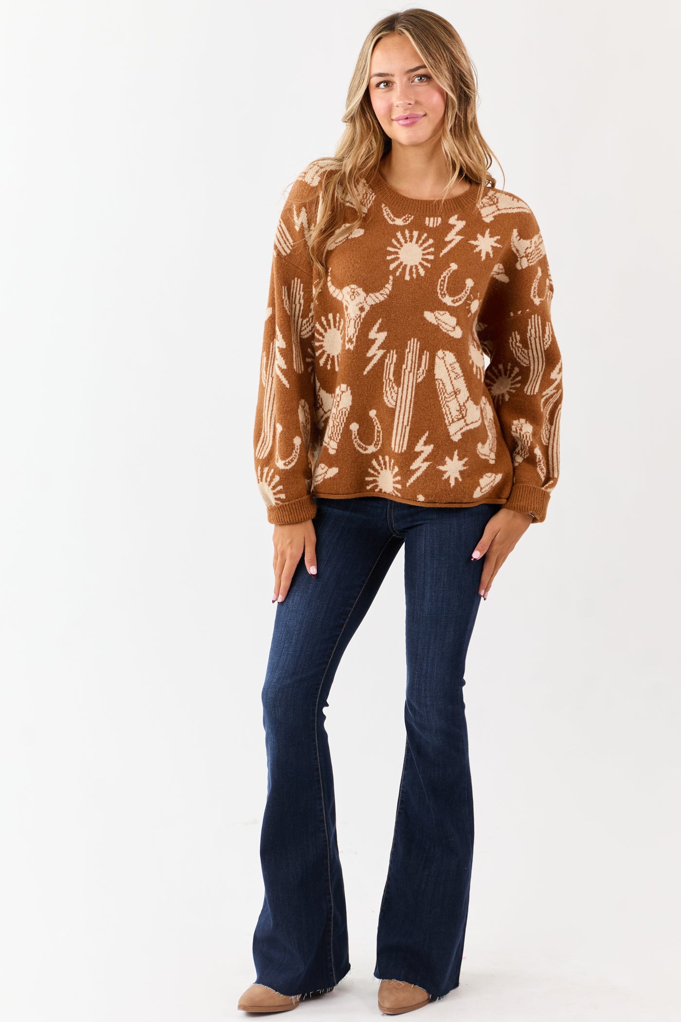 Copper Western Graphic Long Sleeve Sweater