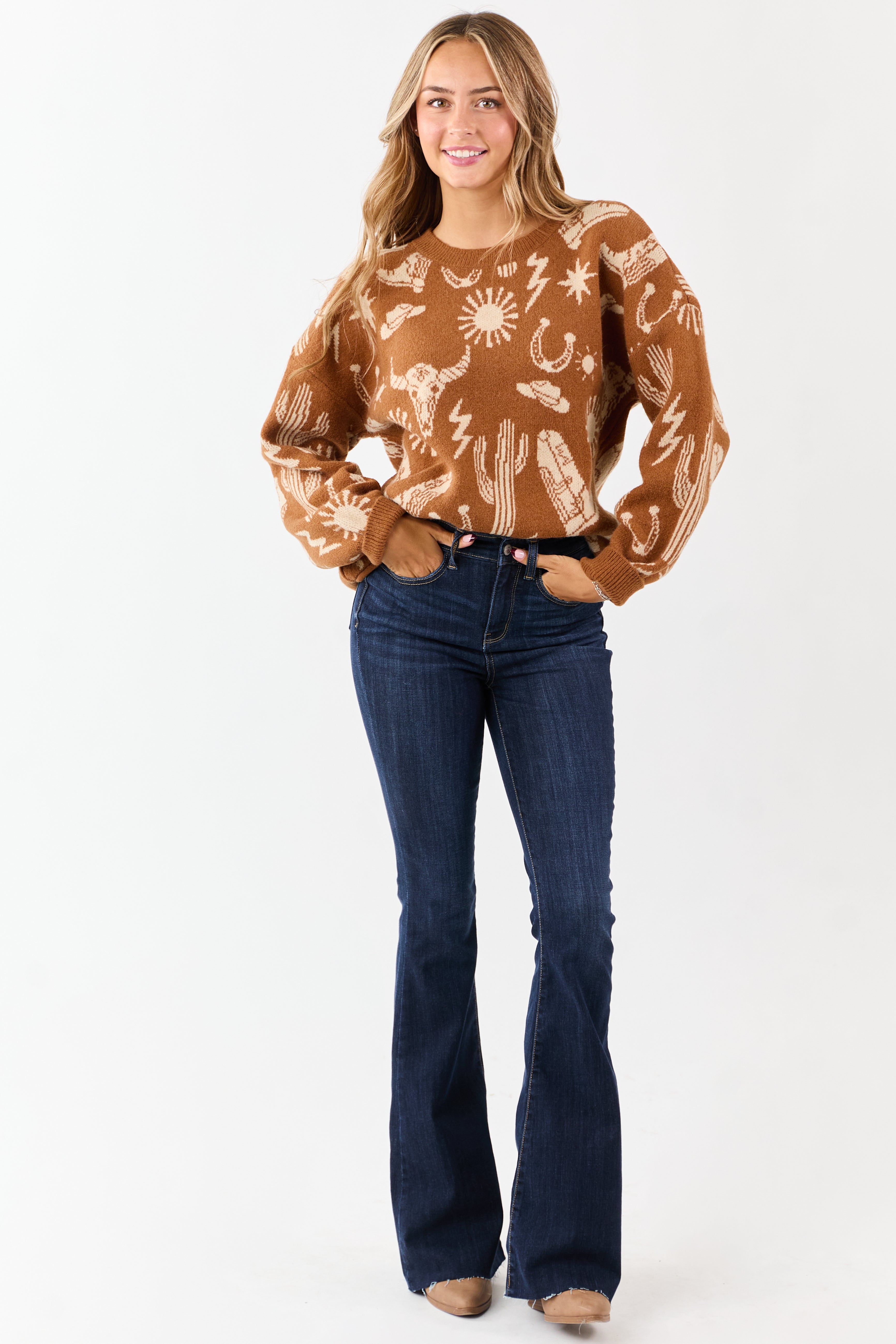 Copper Western Graphic Long Sleeve Sweater