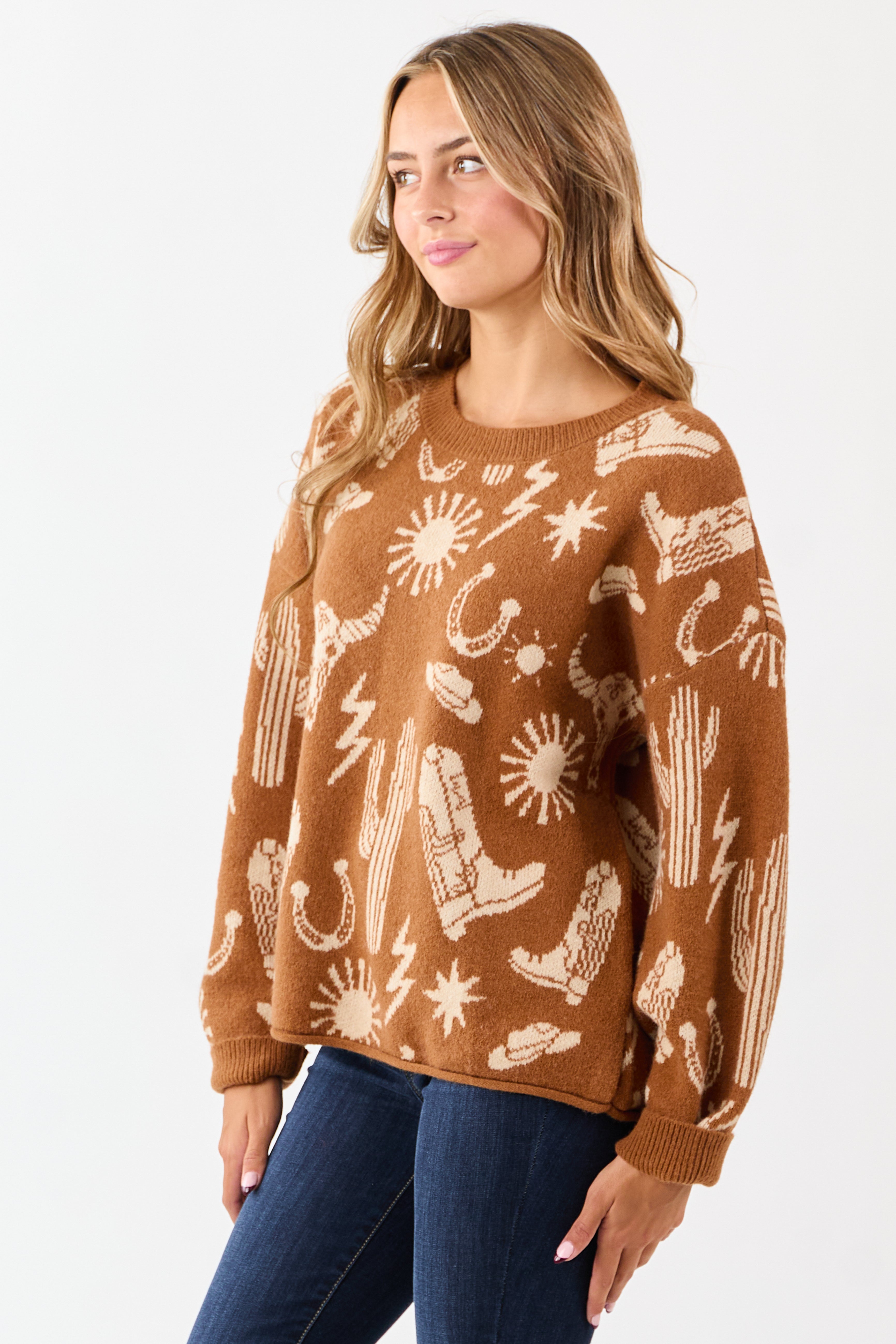 Copper Western Graphic Long Sleeve Sweater