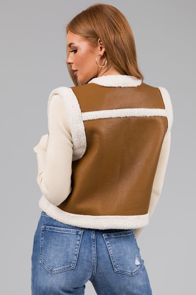 Copper and Ivory Faux Leather and Sherpa Vest