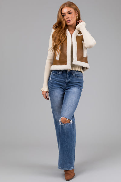 Copper and Ivory Faux Leather and Sherpa Vest