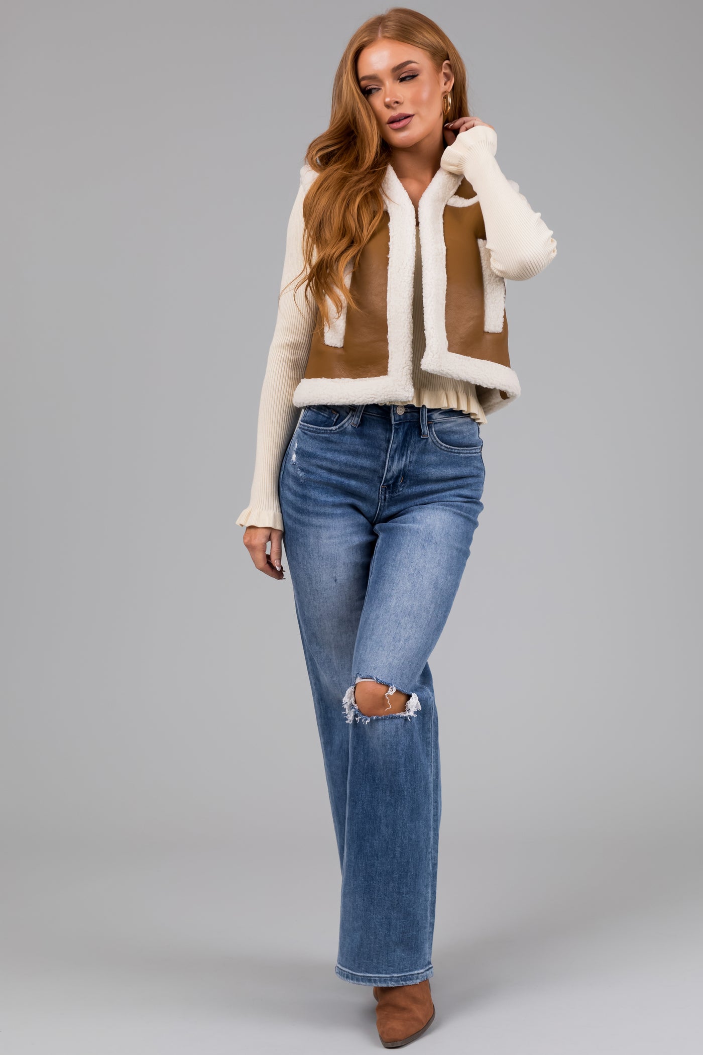 Copper and Ivory Faux Leather and Sherpa Vest