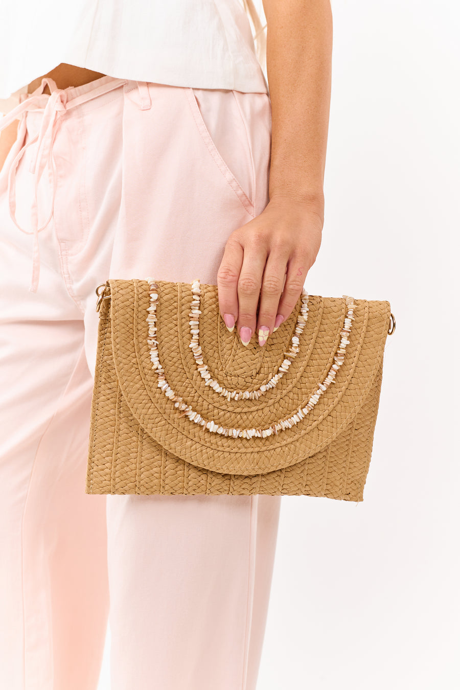 Copper Bead Detail Woven Snap Closure Handbag