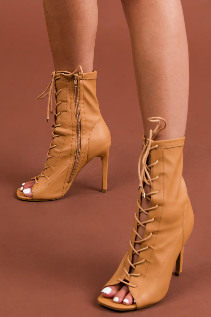 Copper Faux Leather Lace Up Peep Toe High Heels