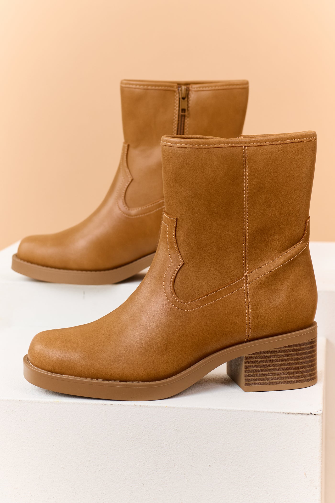 Copper Faux Leather Square Toe Block Heel Booties