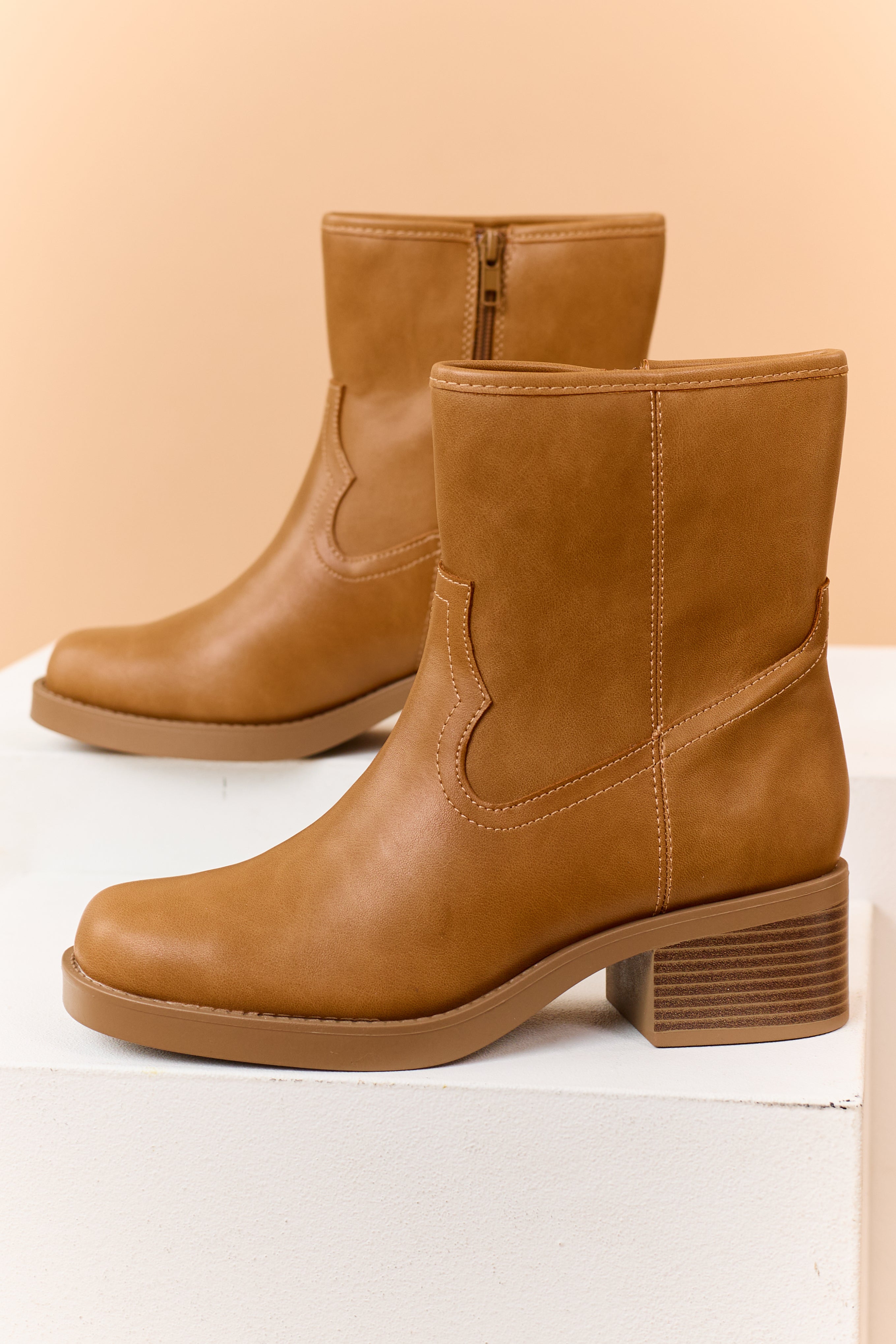 Copper Faux Leather Square Toe Block Heel Booties