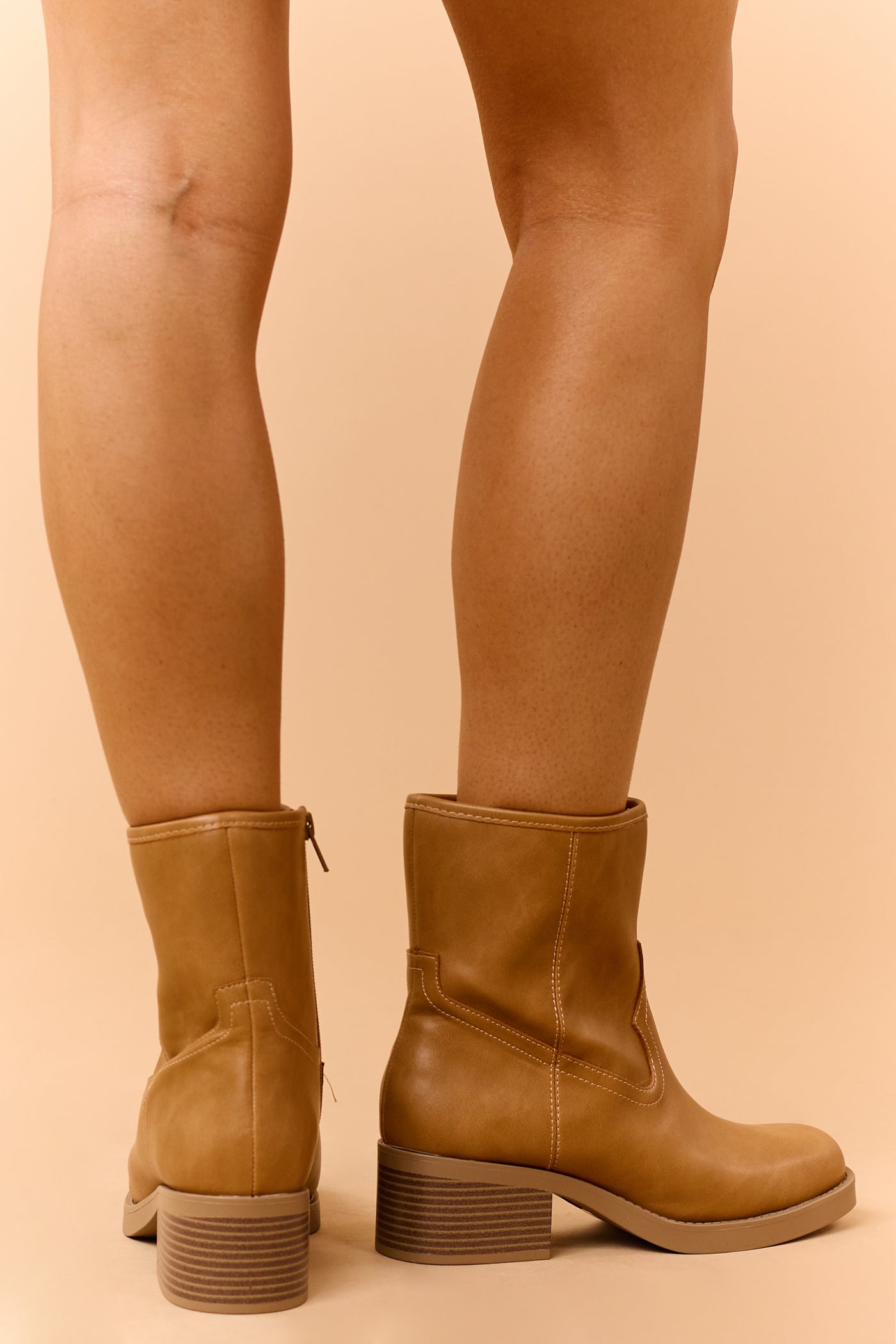 Copper Faux Leather Square Toe Block Heel Booties