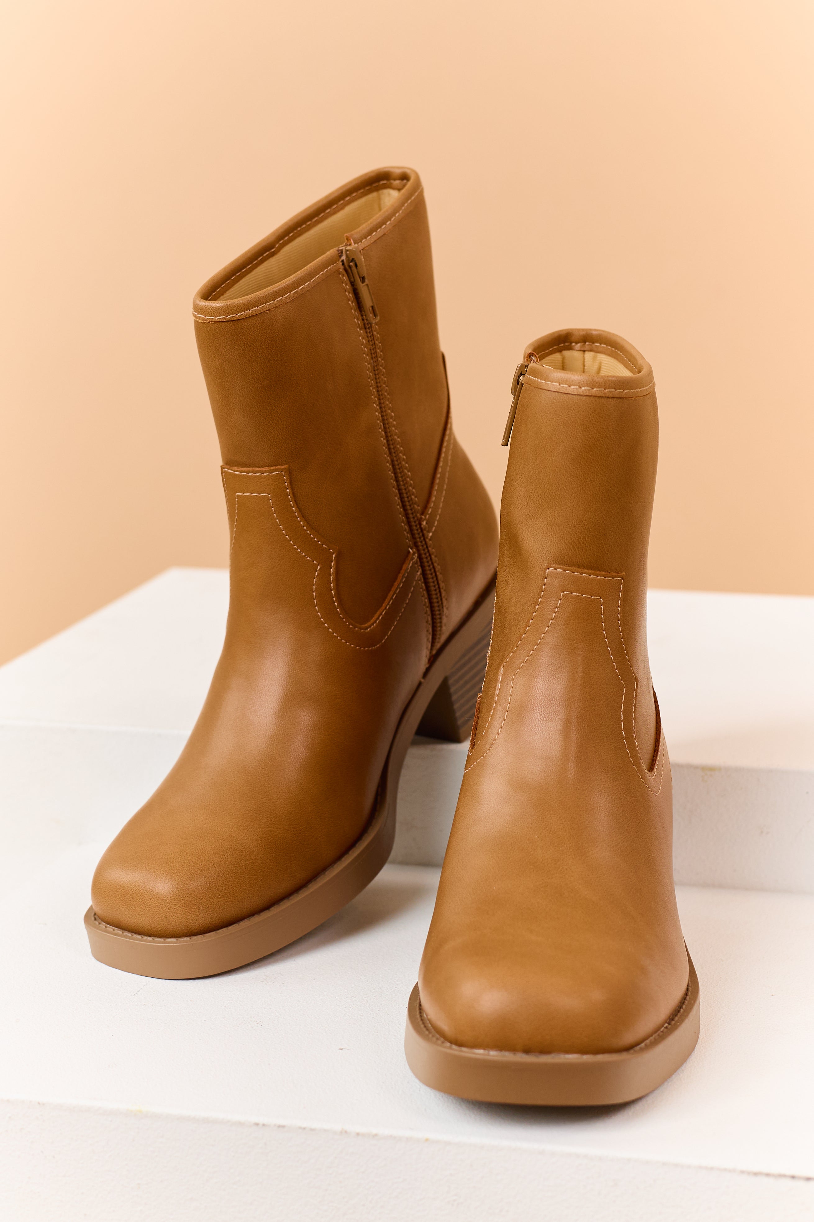 Copper Faux Leather Square Toe Block Heel Booties
