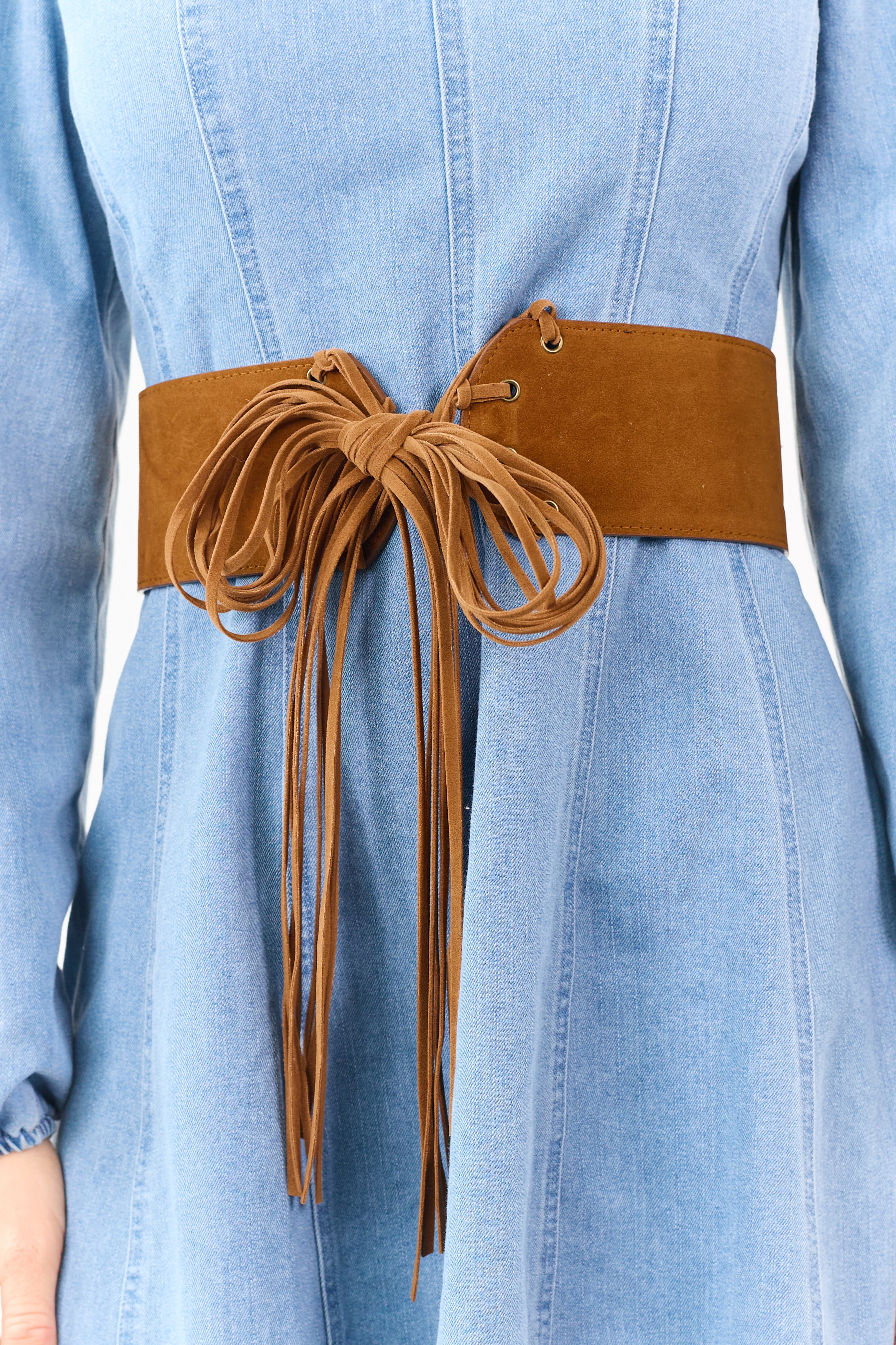 Copper Faux Suede Fringe Front Tie Belt