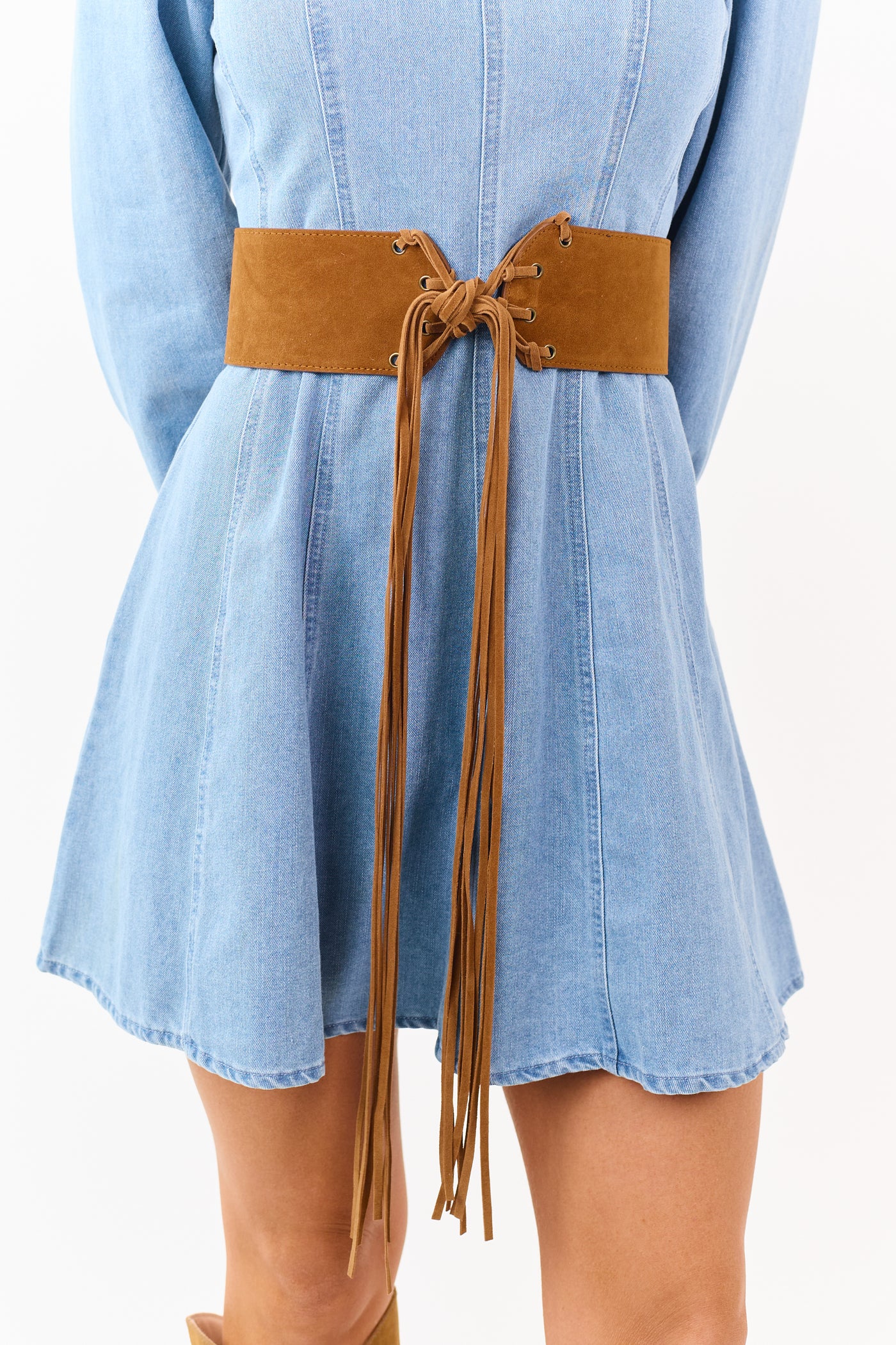 Copper Faux Suede Fringe Front Tie Belt