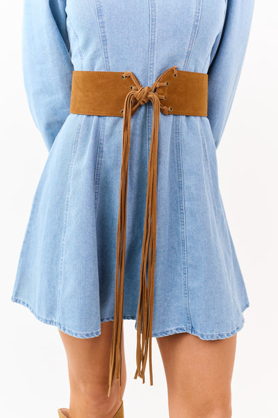Copper Faux Suede Fringe Front Tie Belt