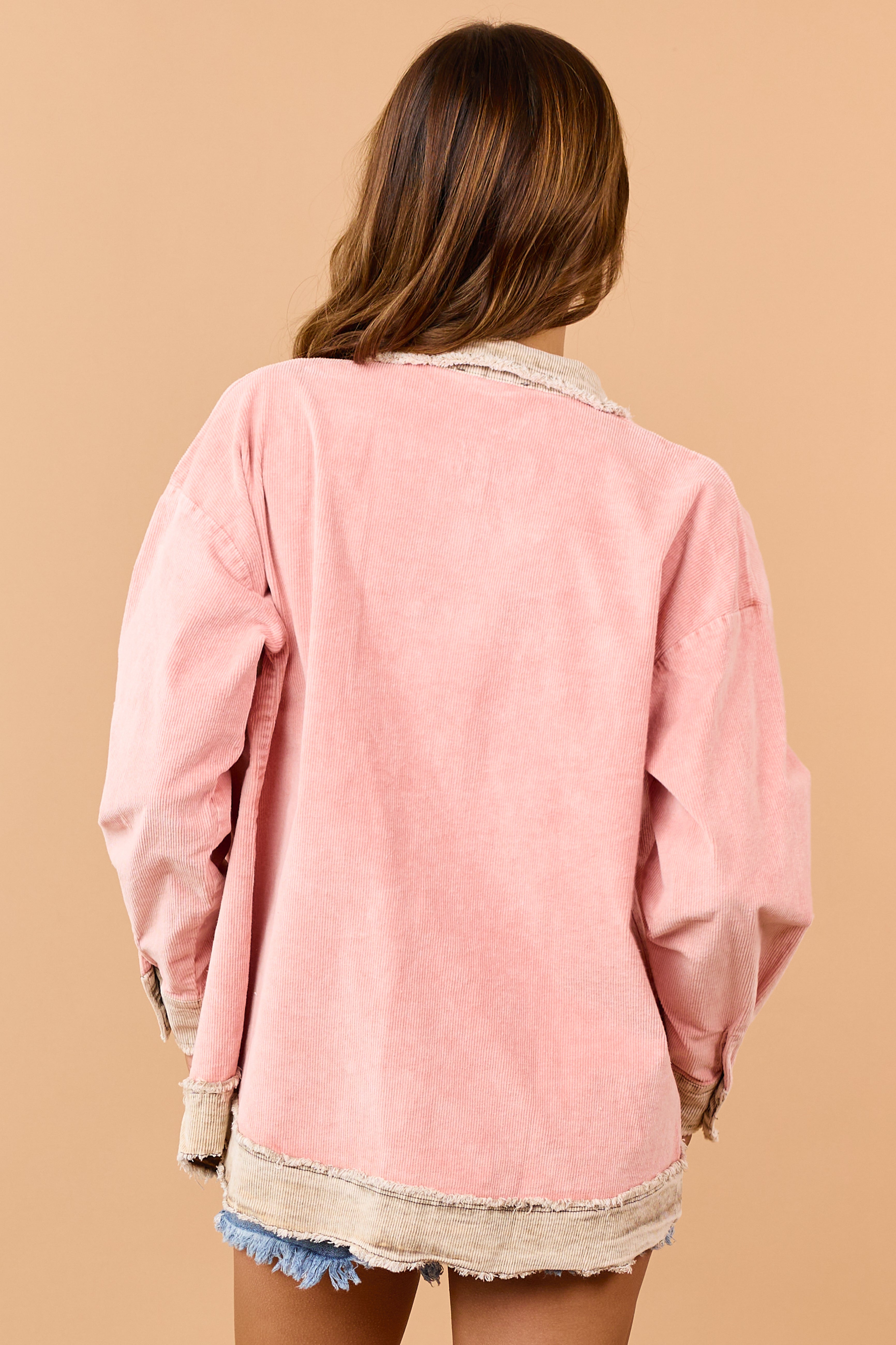 Coral Cotton Corduroy Contrast Button Down Shacket
