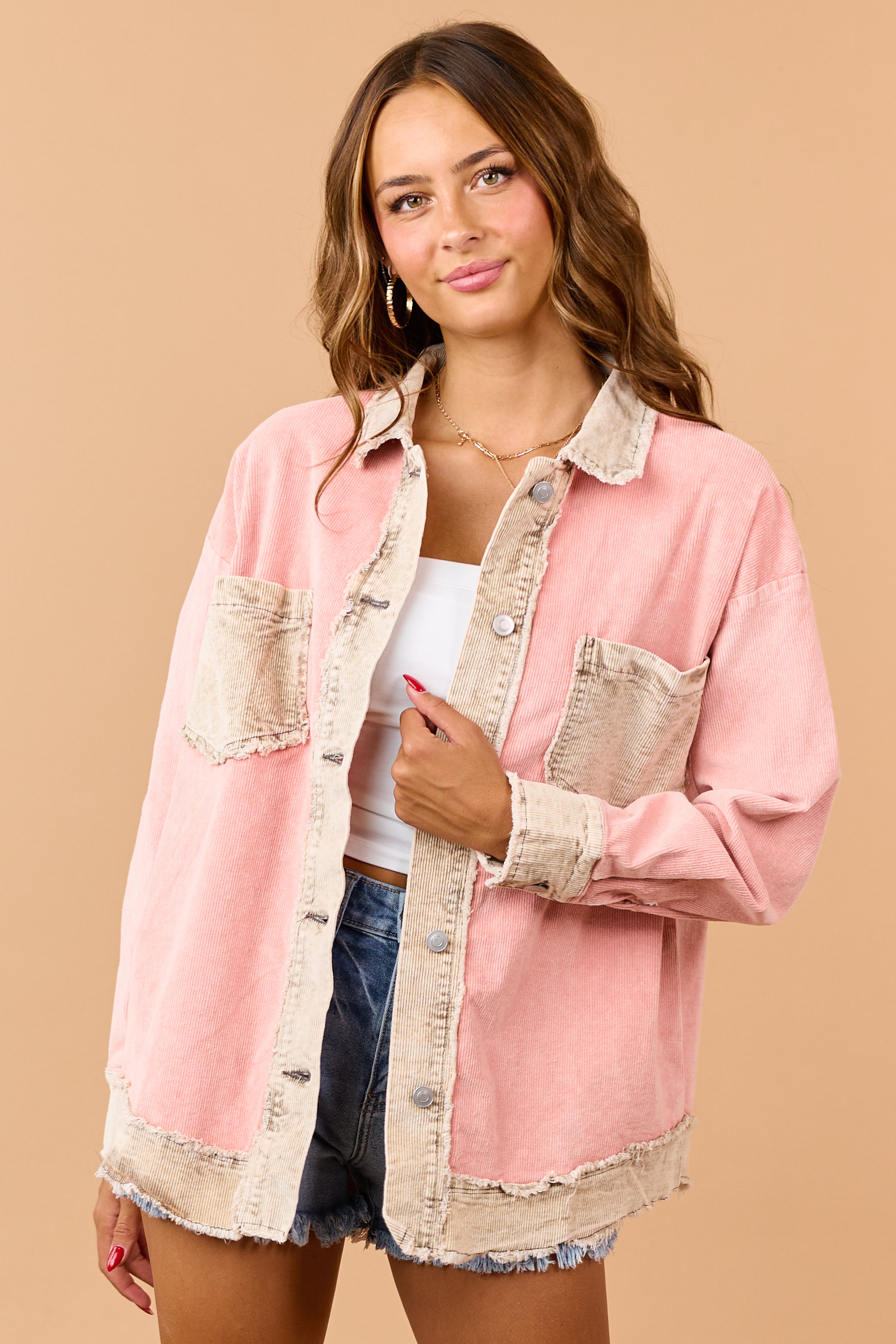 Coral Cotton Corduroy Contrast Button Down Shacket