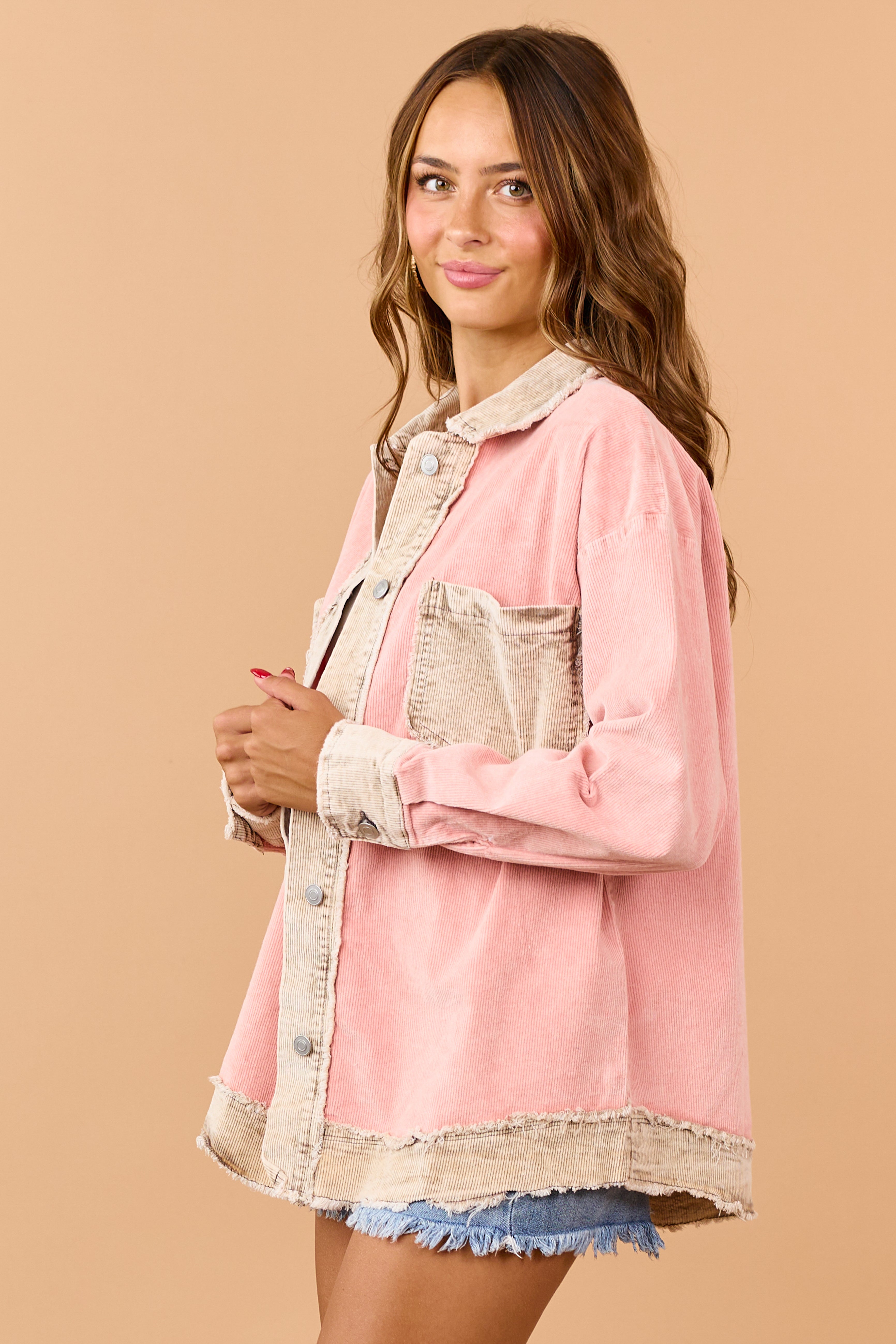 Coral Cotton Corduroy Contrast Button Down Shacket