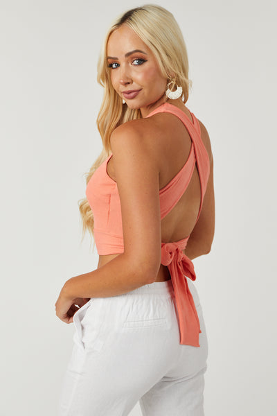 Coral Criss Cross Tie Back Ribbed Knit Tank Top