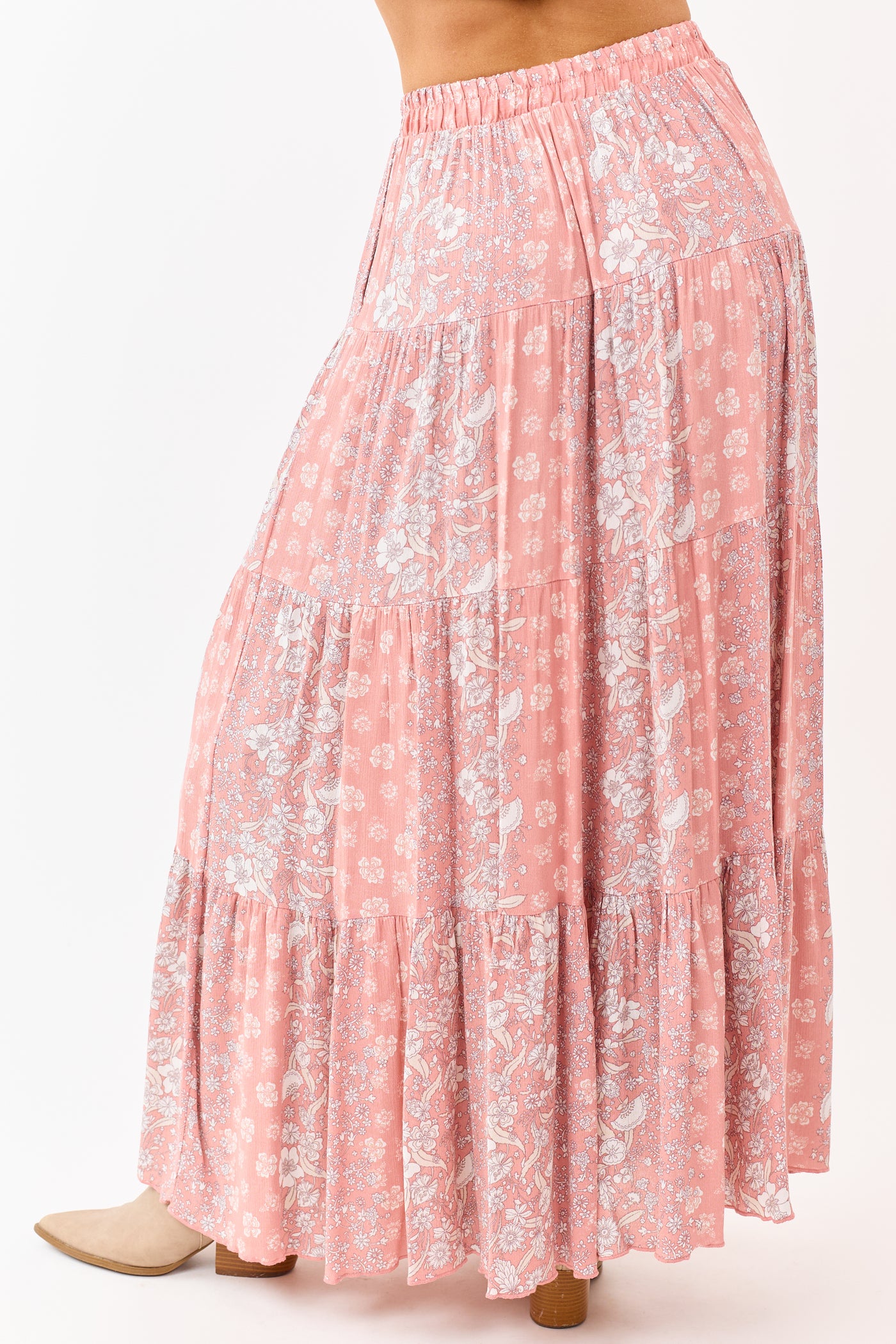 Coral Floral Print Elastic Waist Tiered Maxi Skirt
