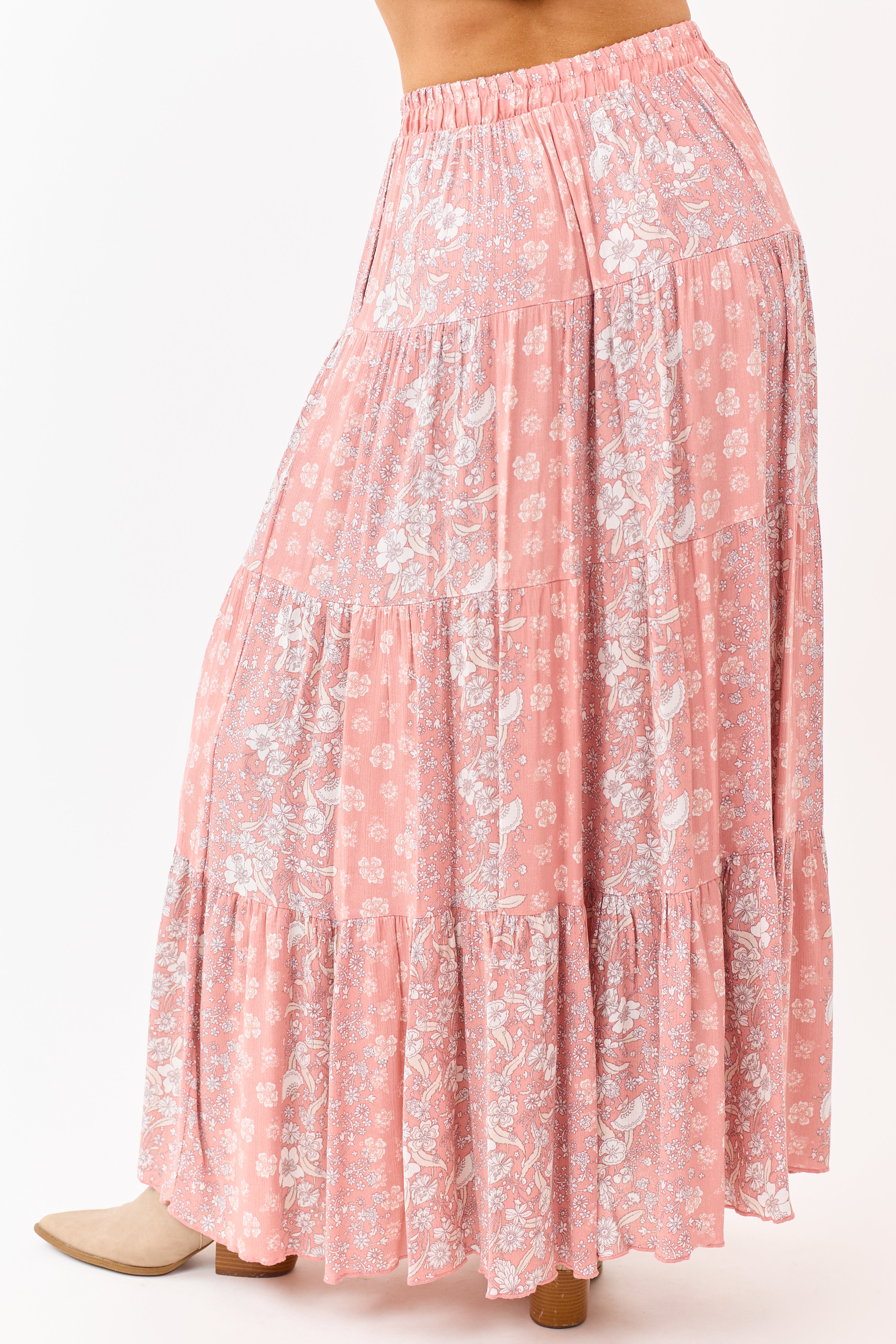 Coral Floral Print Elastic Waist Tiered Maxi Skirt
