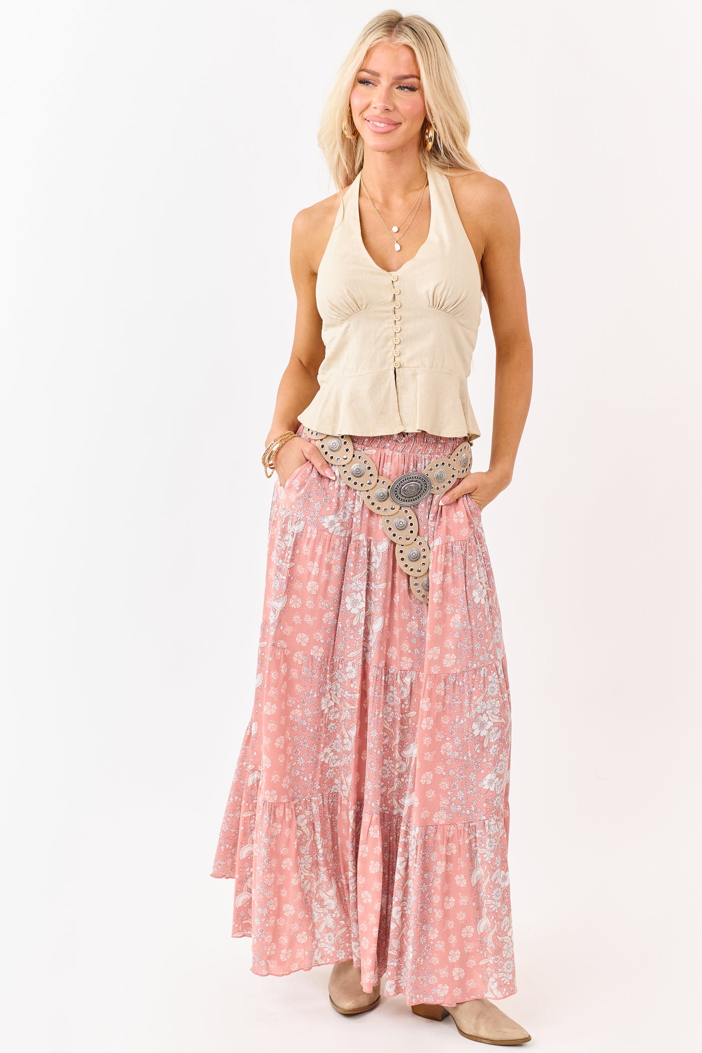 Coral Floral Print Elastic Waist Tiered Maxi Skirt