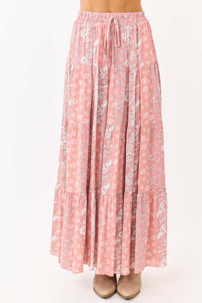 Coral Floral Print Elastic Waist Tiered Maxi Skirt