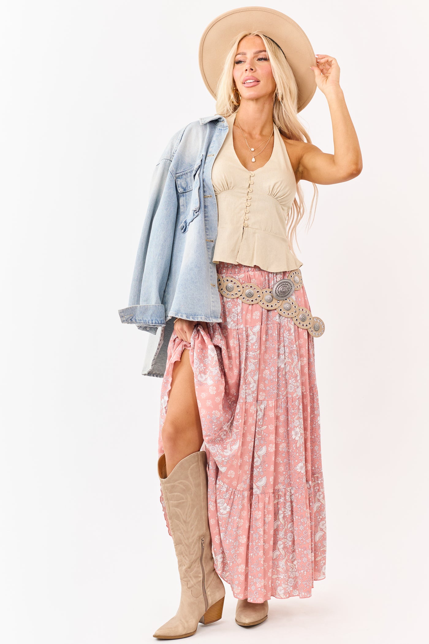 Coral Floral Print Elastic Waist Tiered Maxi Skirt