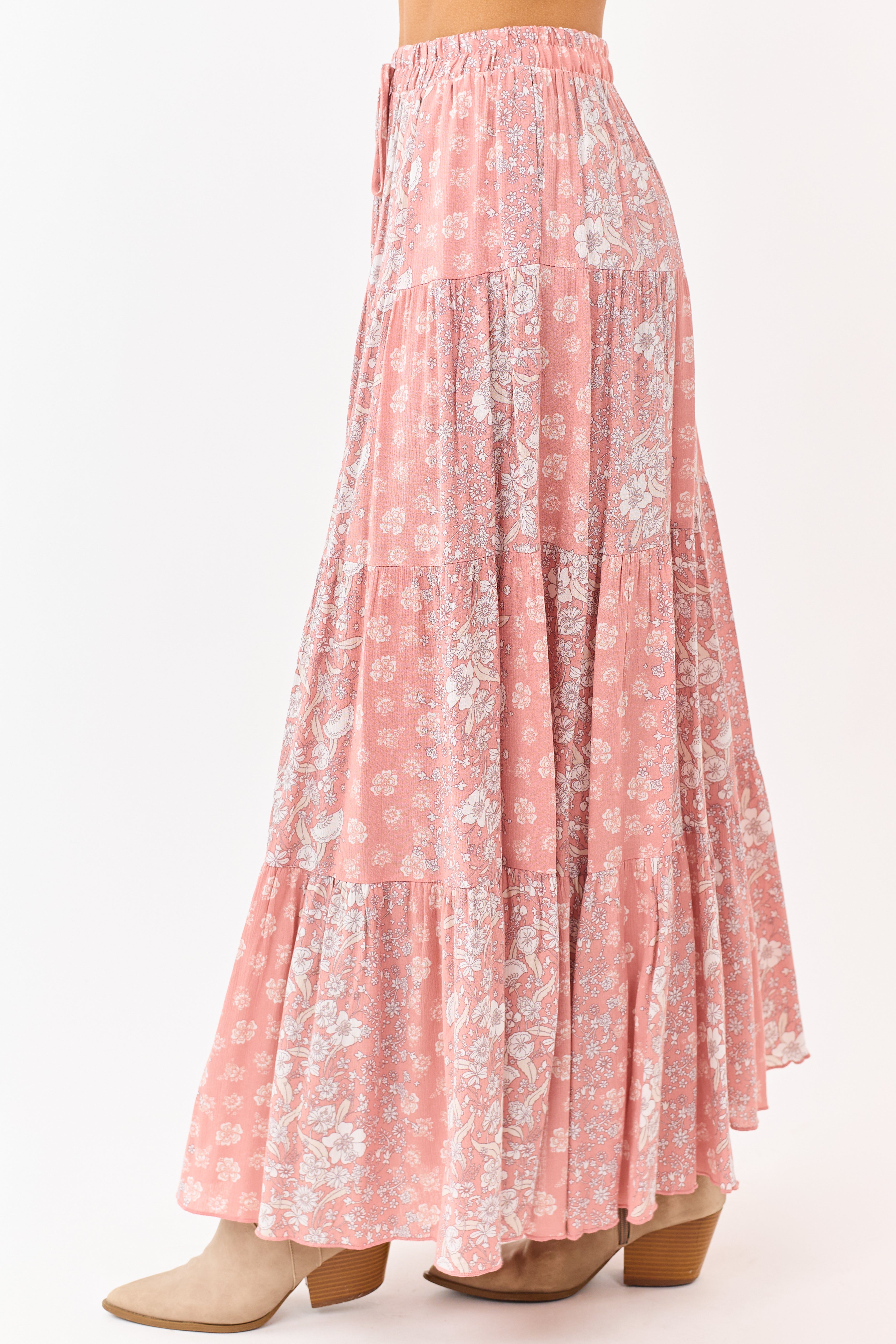 Coral Floral Print Elastic Waist Tiered Maxi Skirt