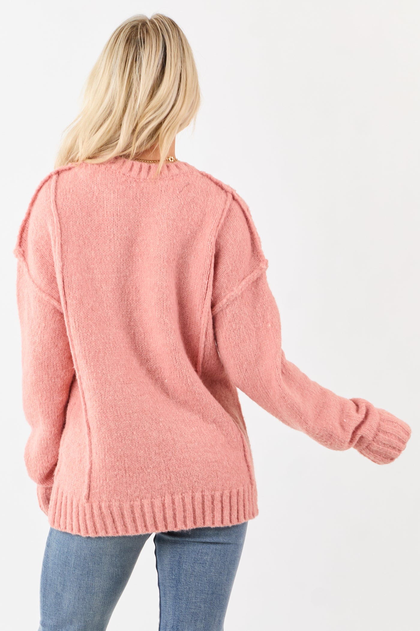 Coral Fuzzy Relaxed Rib Knit Pullover Sweater