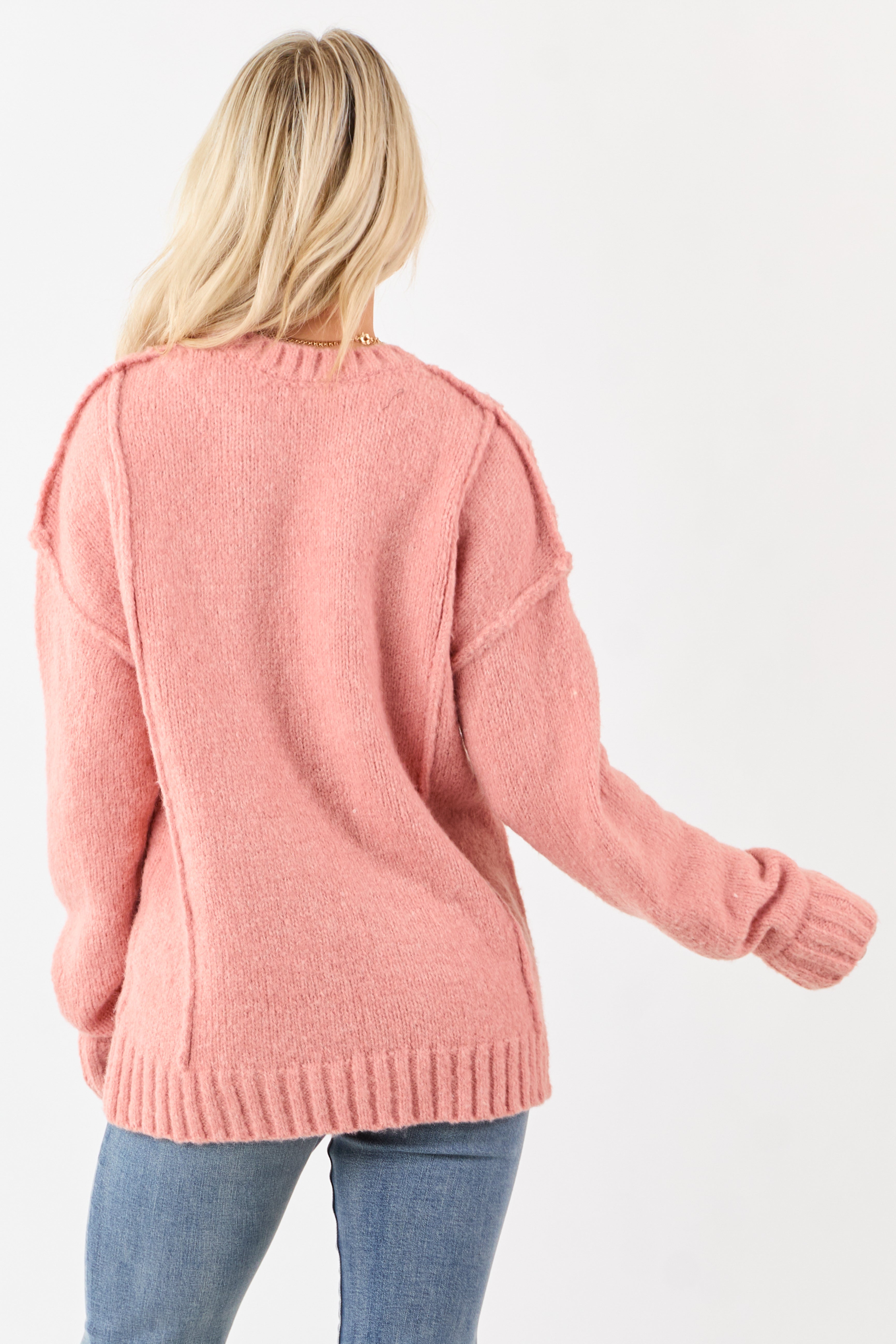 Coral Fuzzy Relaxed Rib Knit Pullover Sweater