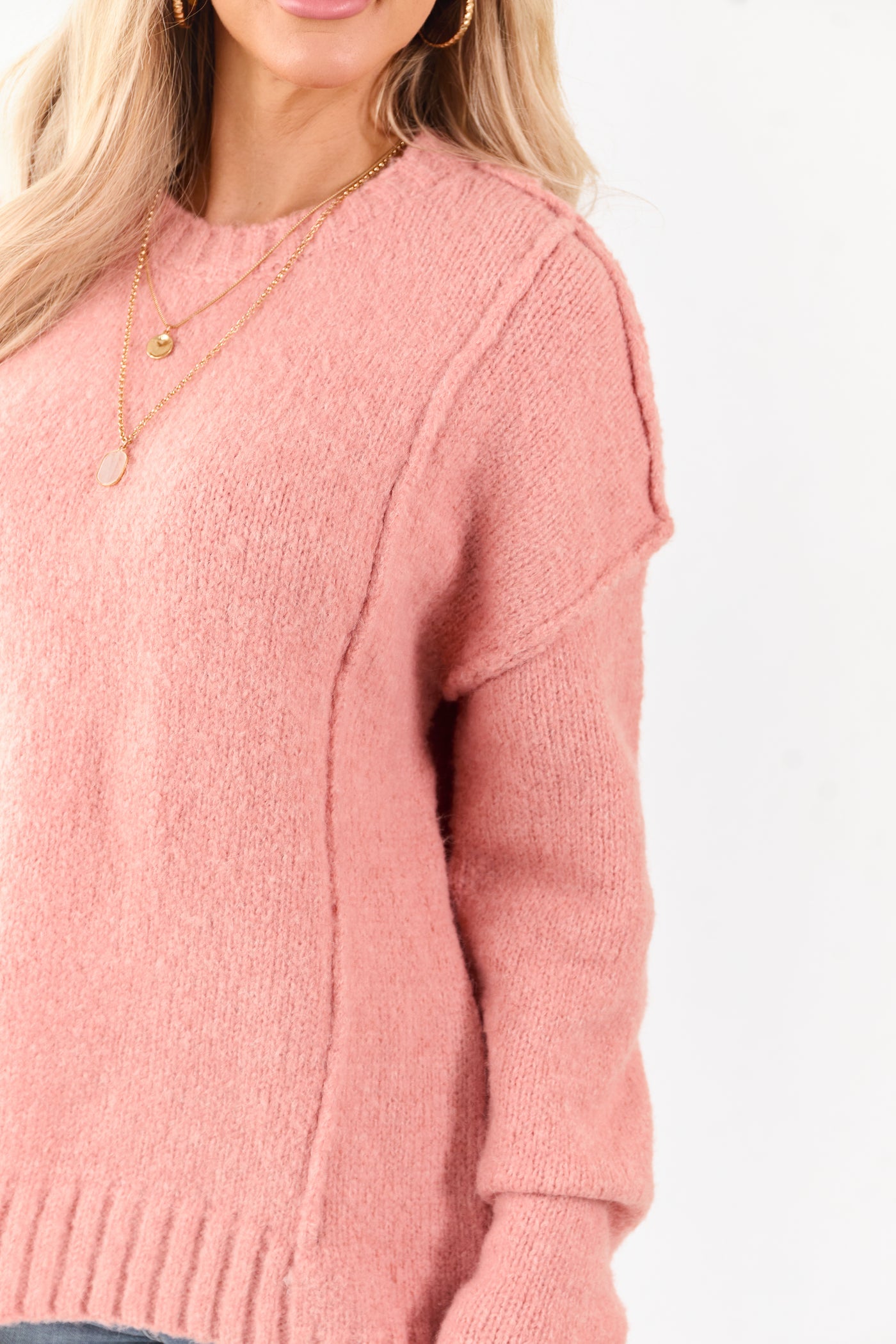 Coral Fuzzy Relaxed Rib Knit Pullover Sweater