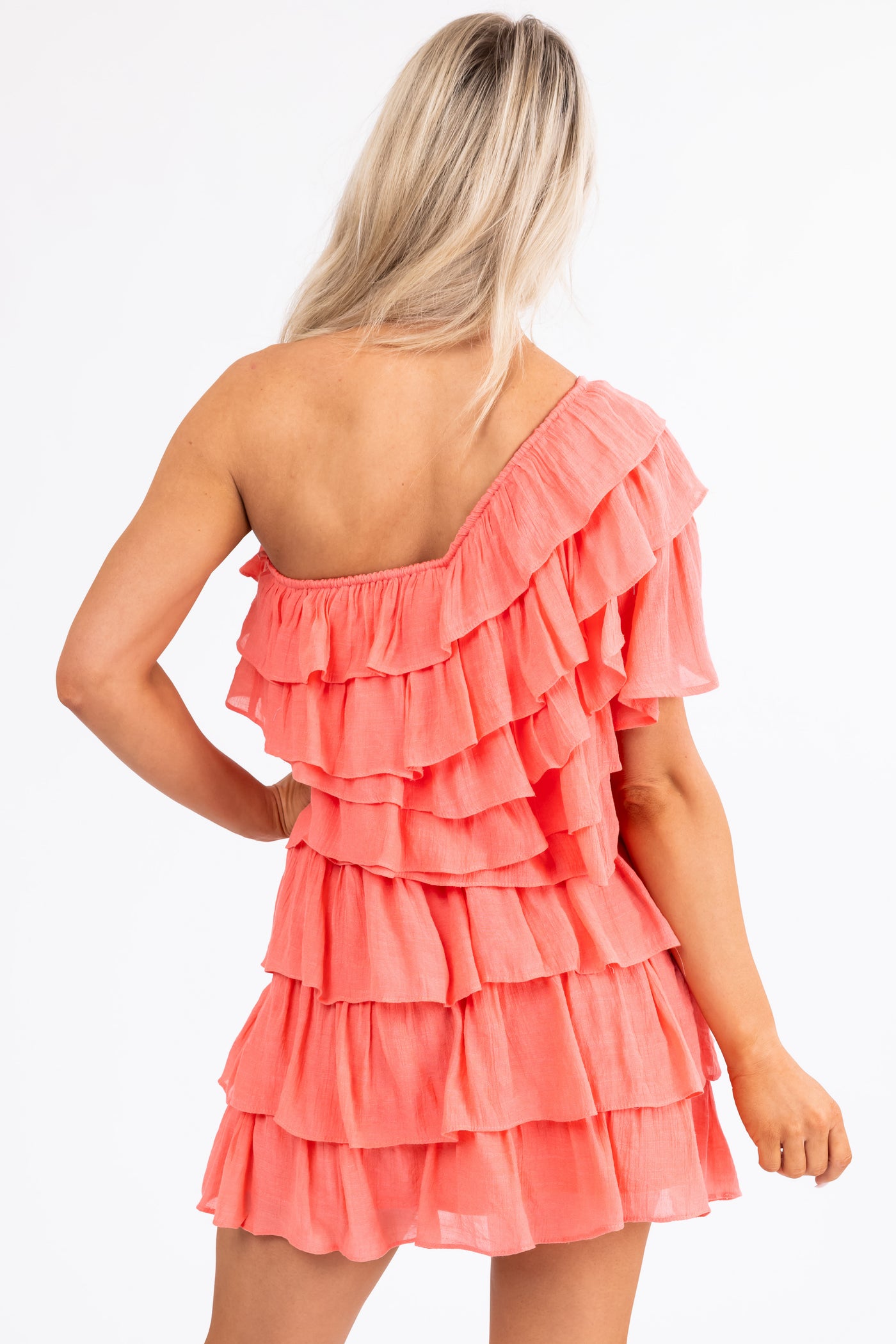 Coral One Shoulder Tiered Ruffle Mini Dress