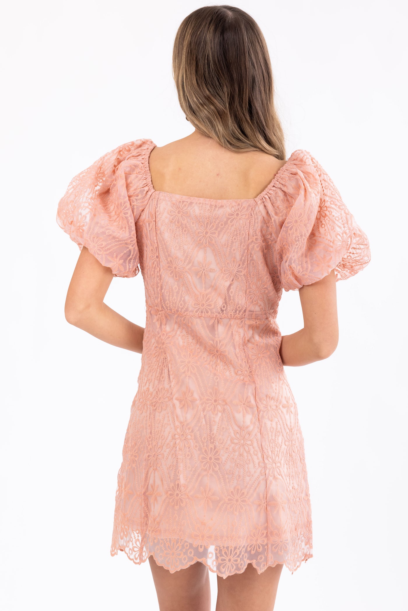 Coral Puff Sleeve Organza Lace Mini Dress