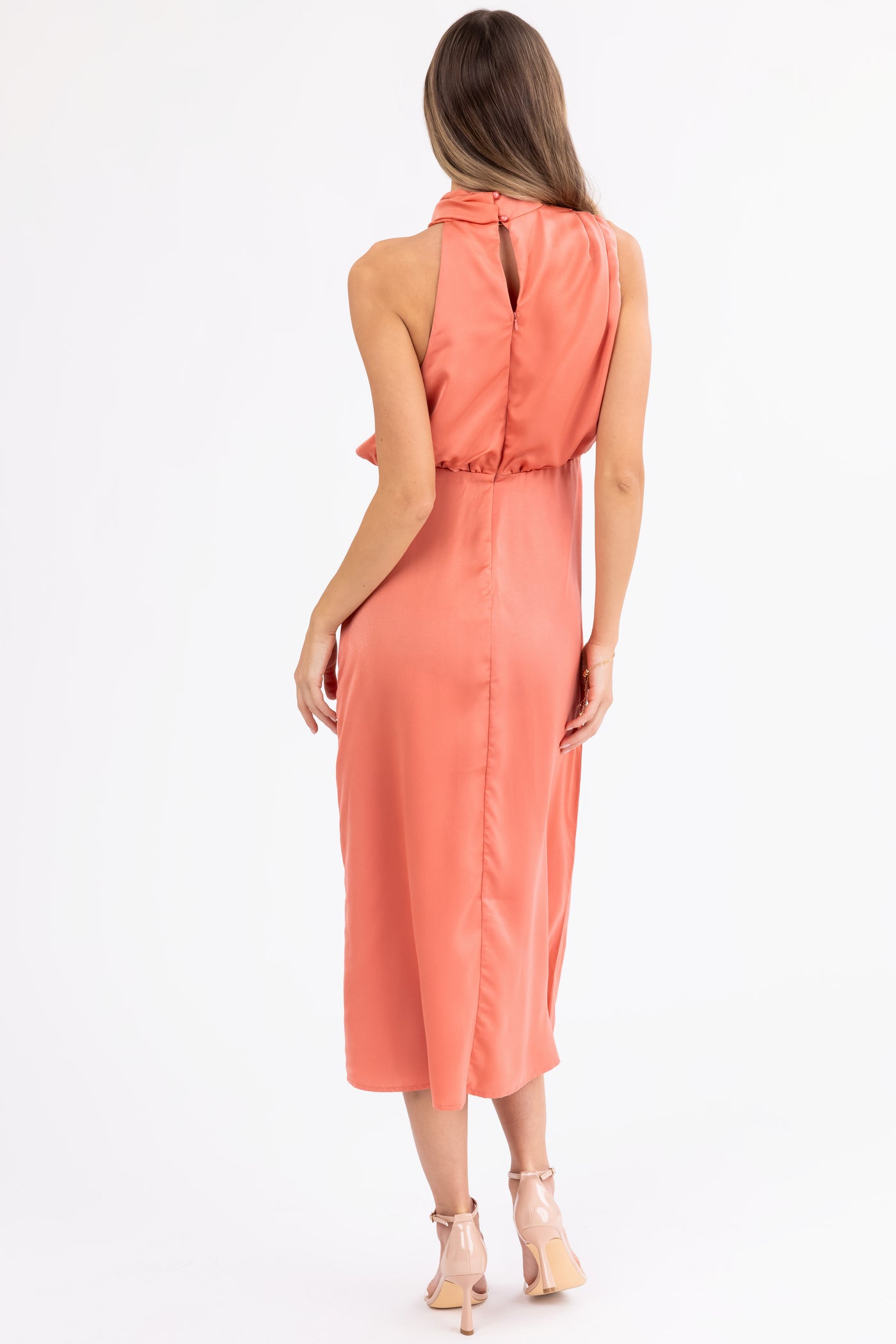 Coral Satin Halter Sleeveless Midi Dress Coral Satin Halter Sleeveless Midi Dress
