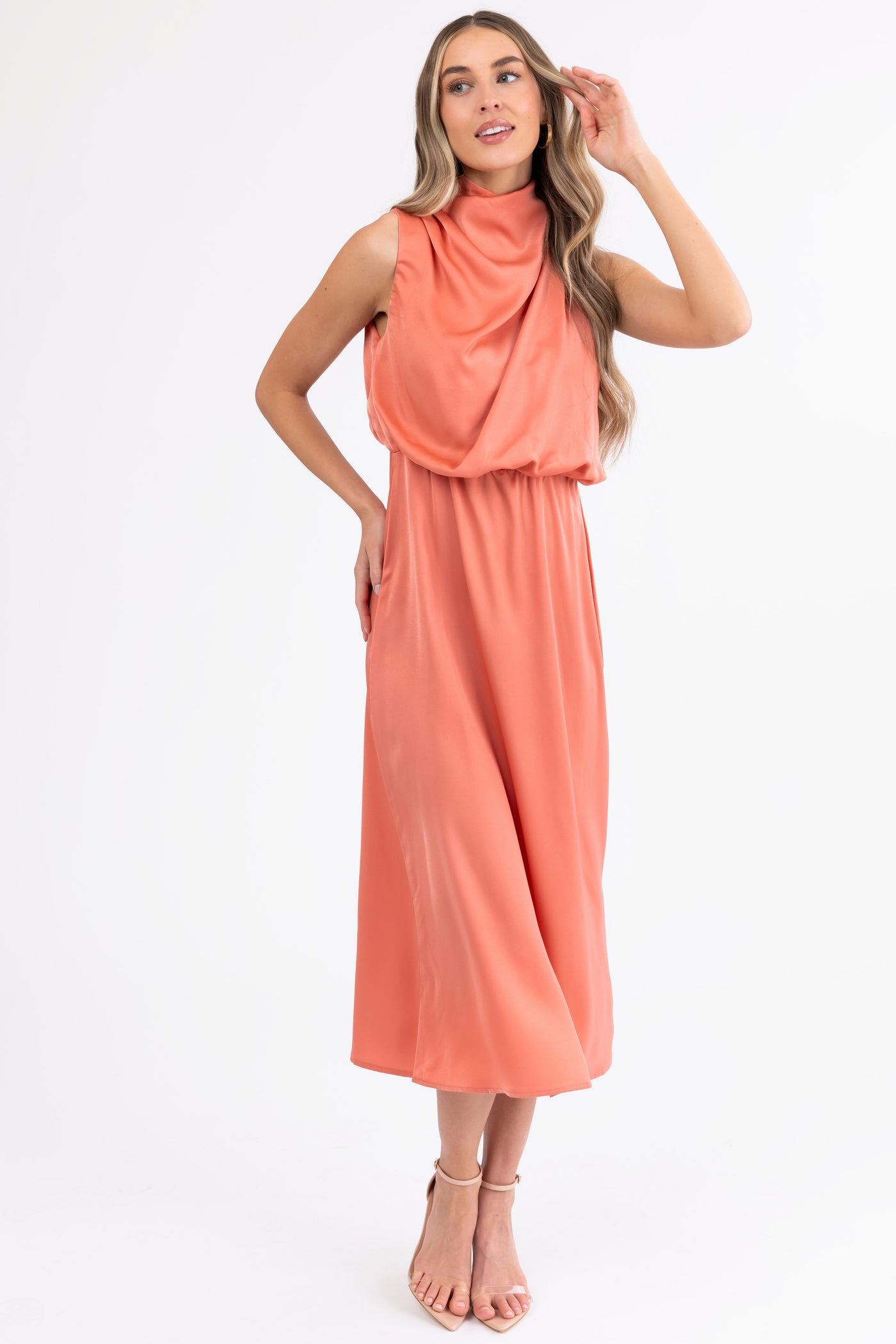 Coral Satin Halter Sleeveless Midi Dress