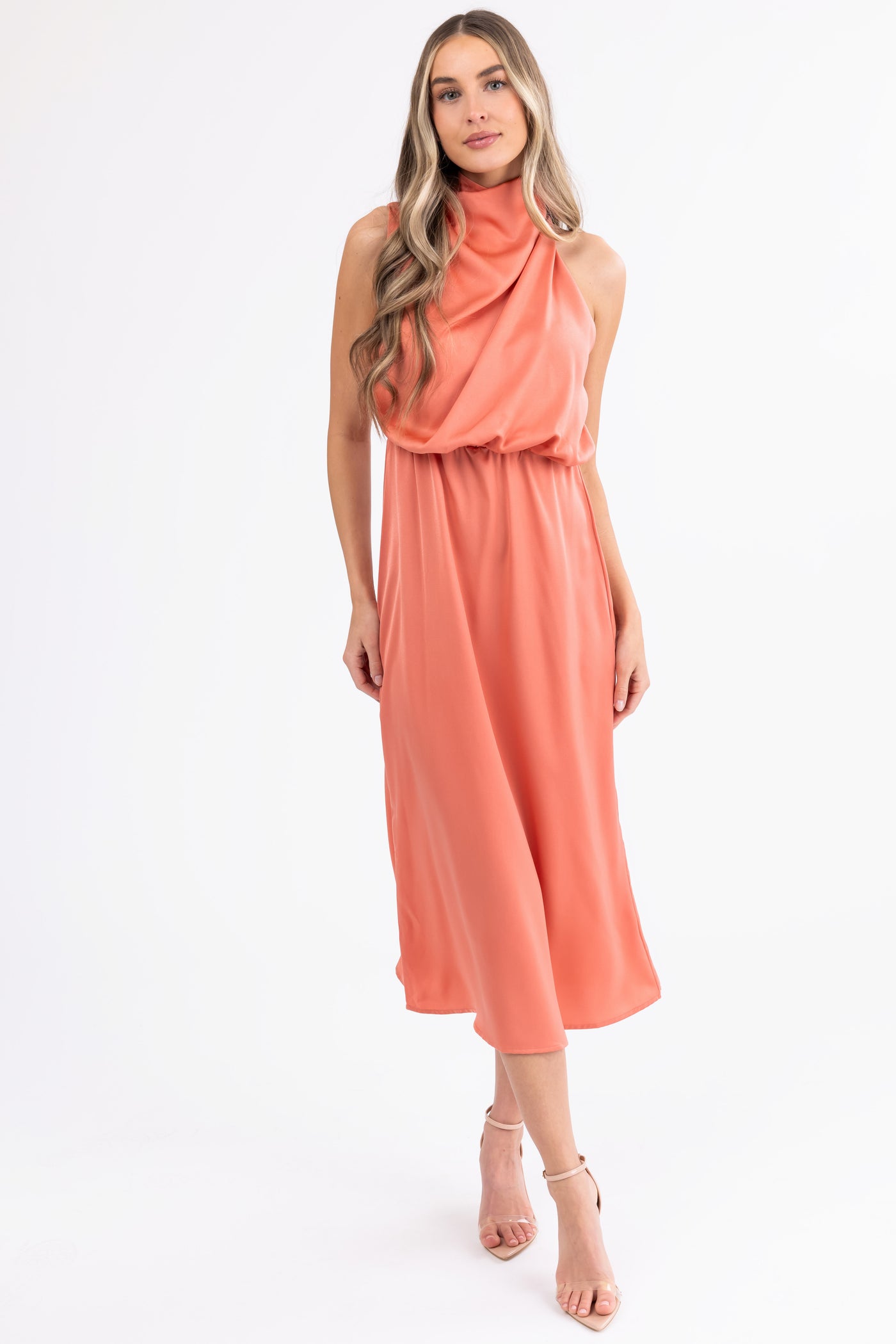 front slit halter satin midi dress Bardot Yve V-Neck Halter Open-Back Front-Slit Silken Slip Maxi Dress