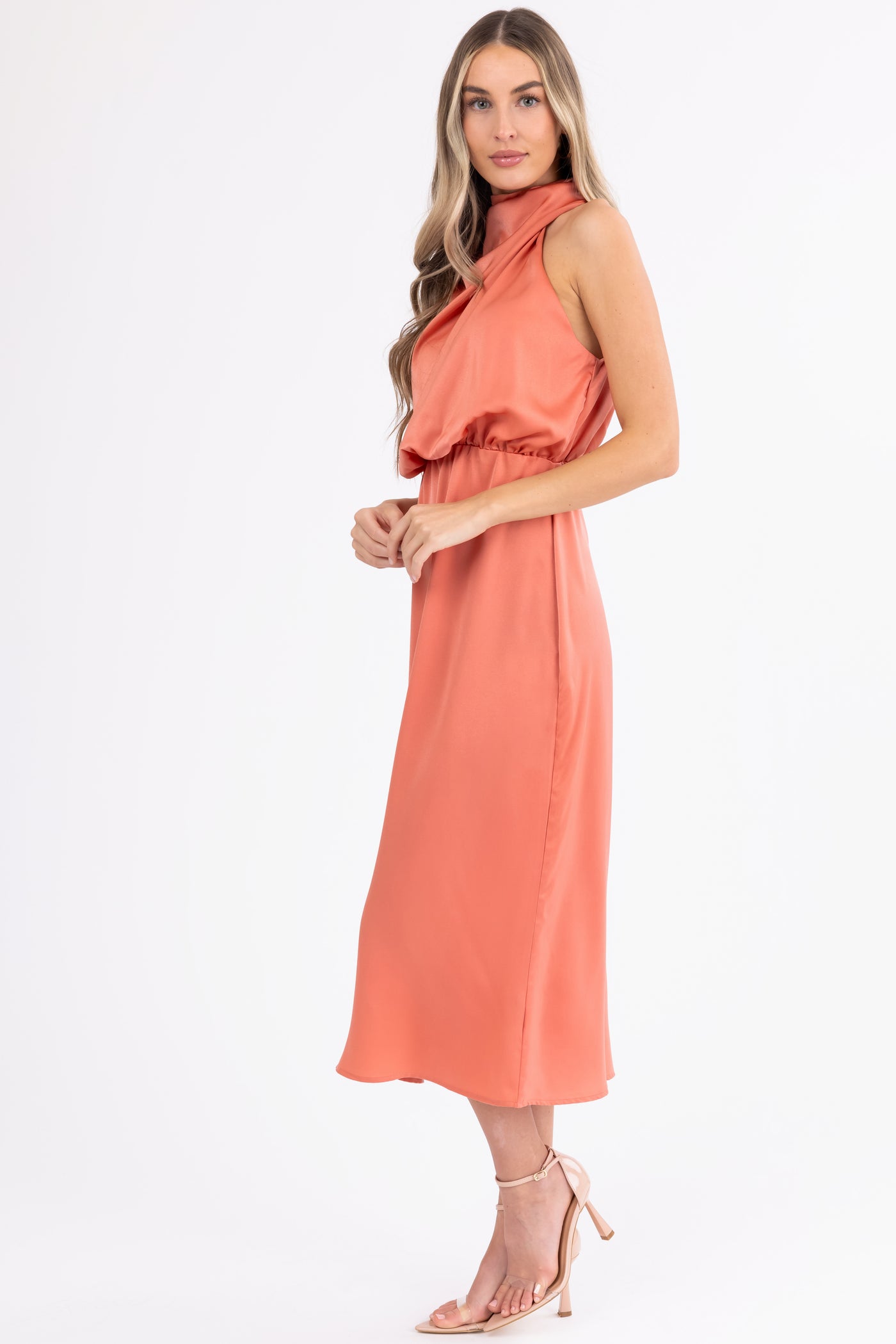 Coral Satin Halter Sleeveless Midi Dress