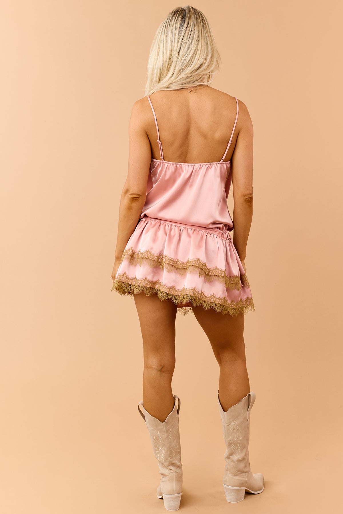 Coral Satin Lace Trim Pleated Cowl Bust Mini Dress