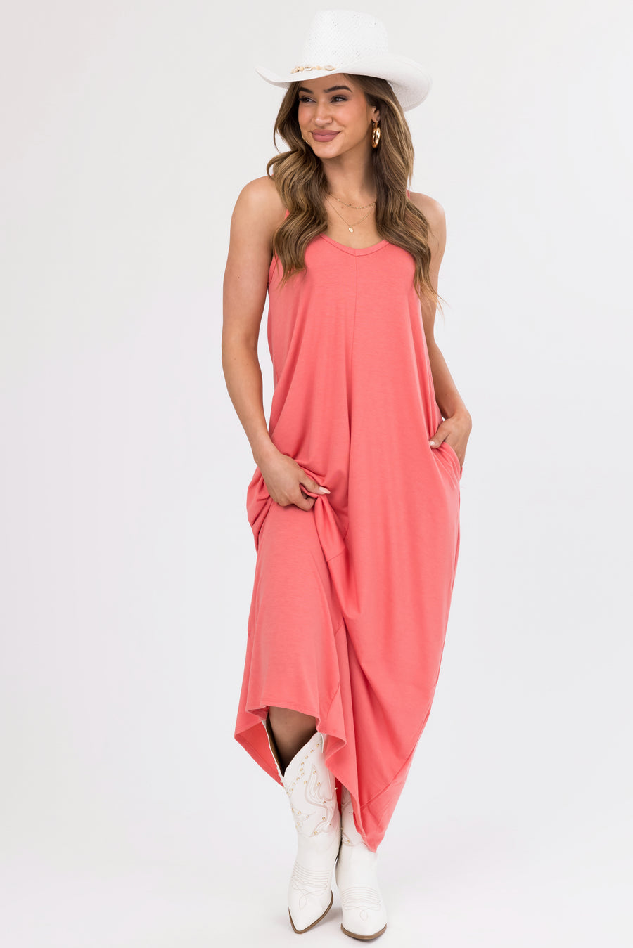 Coral Sleeveless Knit Maxi Dress with Pockets