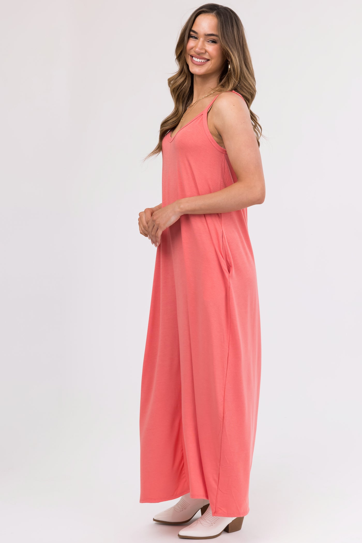 Coral Sleeveless Knit Maxi Dress with Pockets