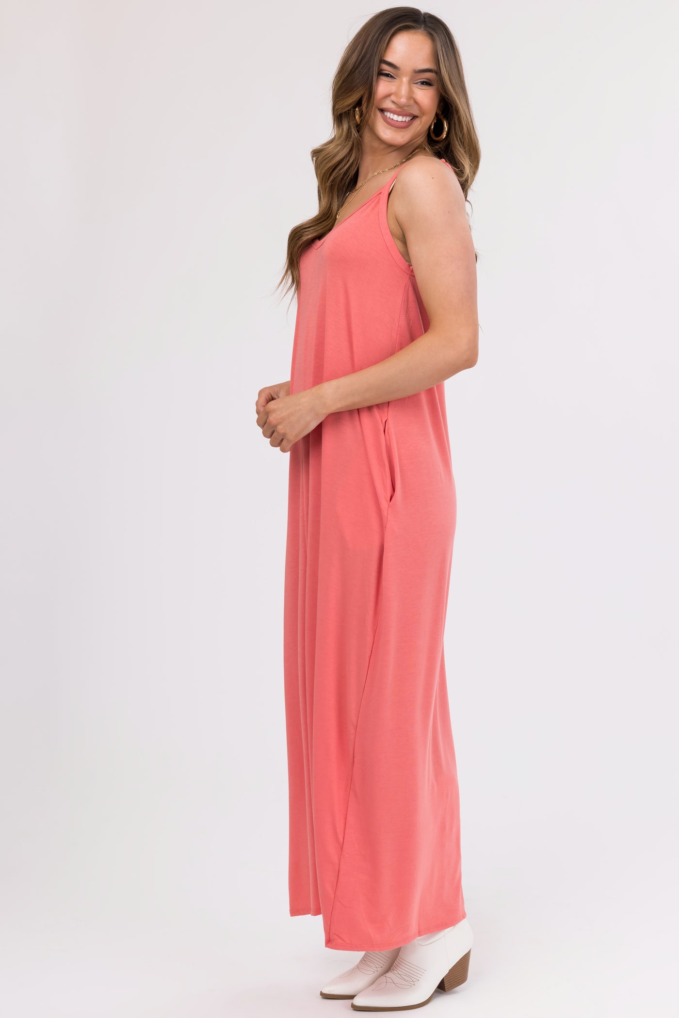 Coral Sleeveless Knit Maxi Dress with Pockets