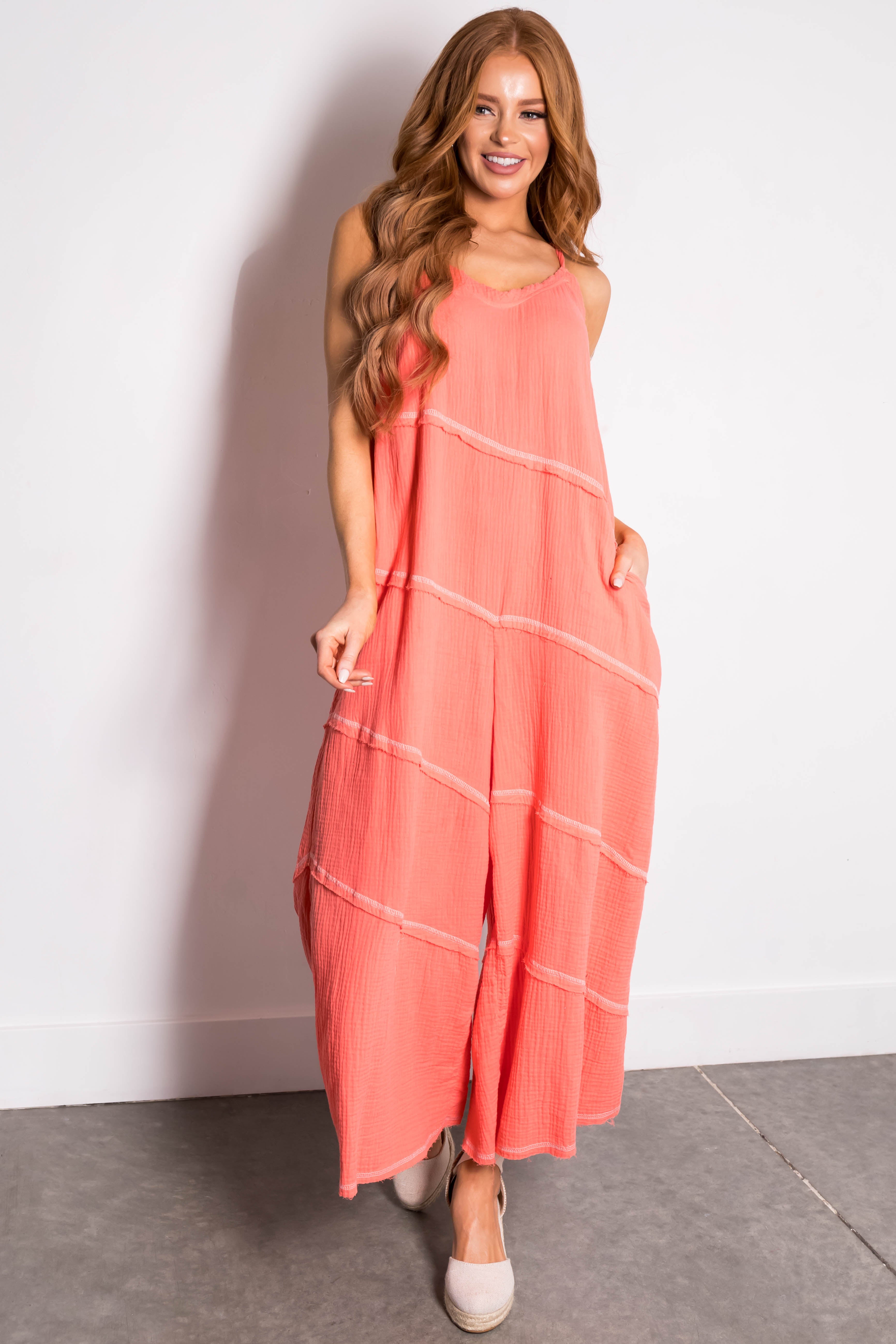 Coral Sleeveless Seam Details V Neck Jumpsuit | Lime Lush Boutique