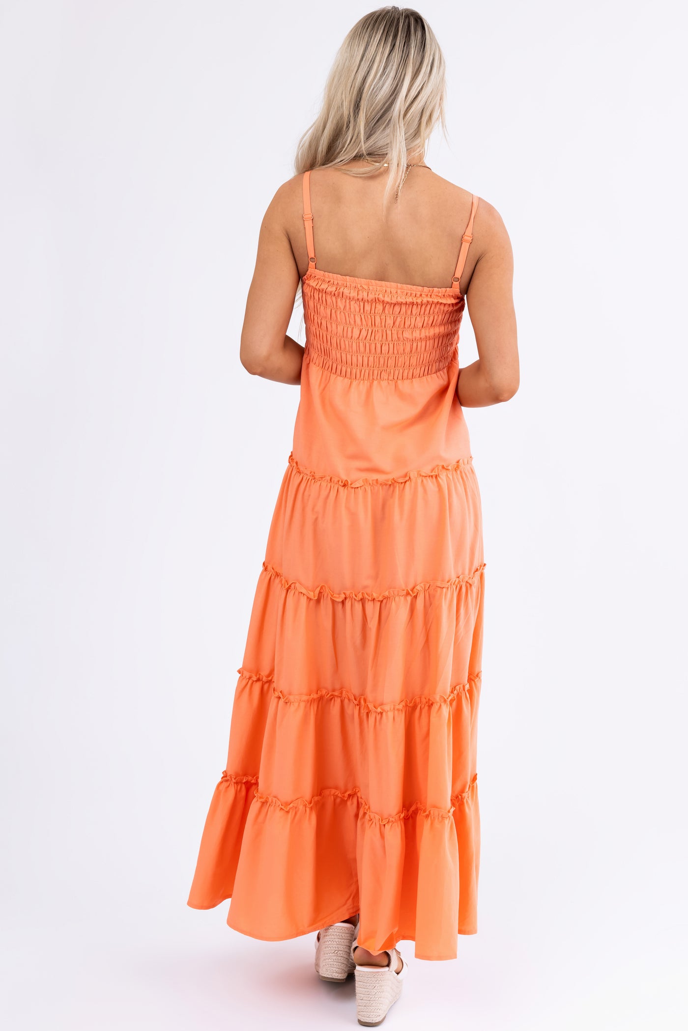 Coral Smocked Top Tiered Maxi Dress