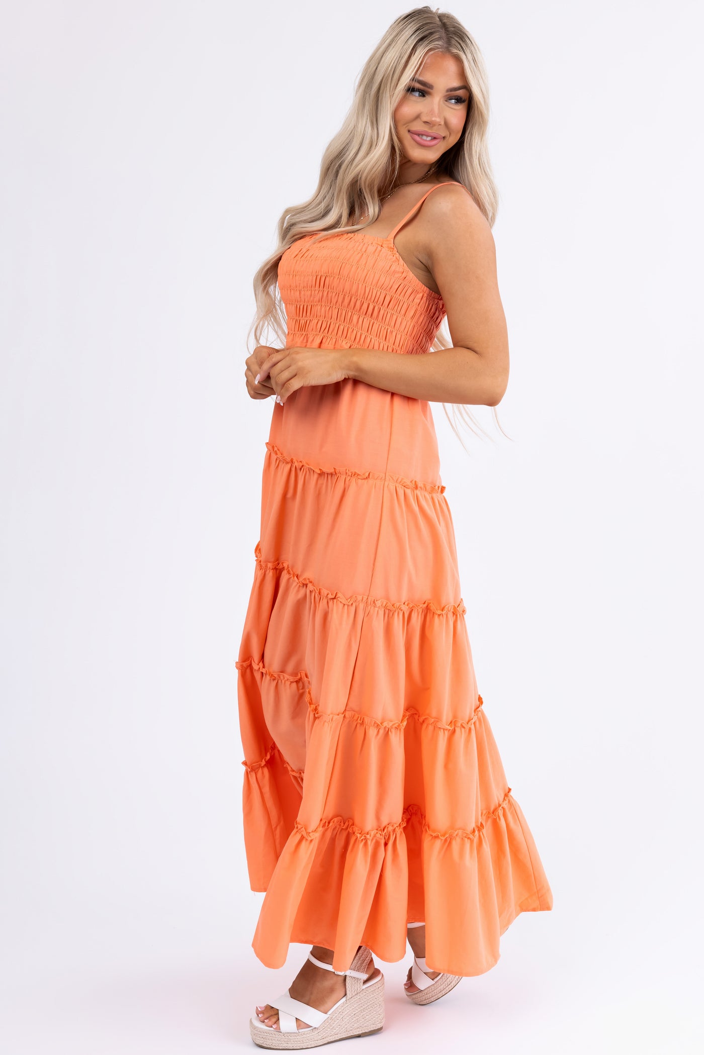 Coral Smocked Top Tiered Maxi Dress