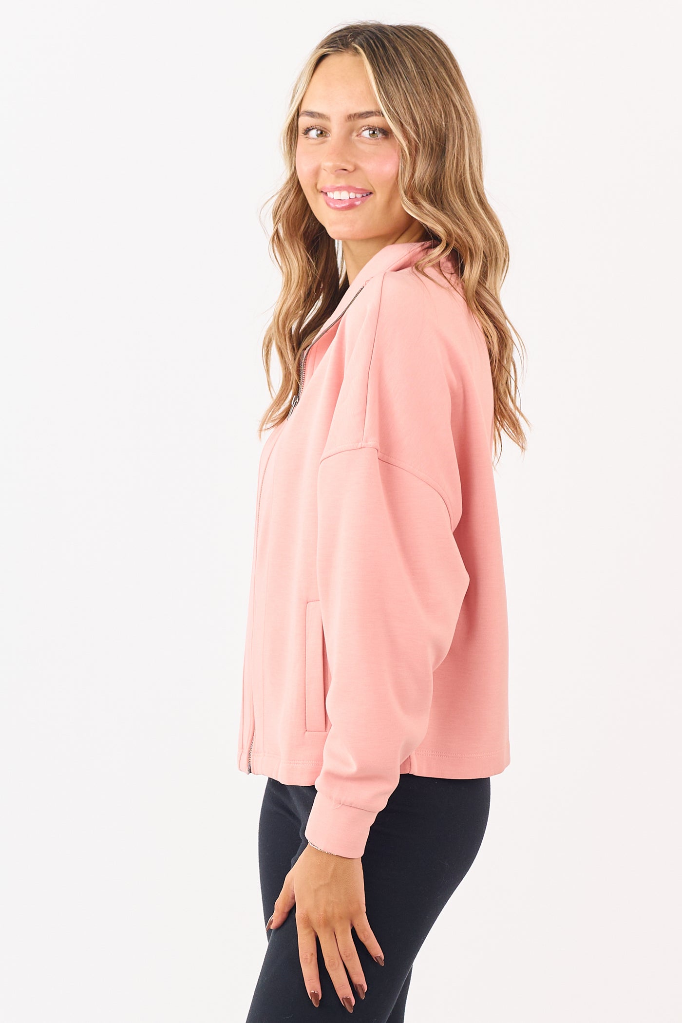 Coral Soft Scuba Knit Mock Neck Zip Up Jacket