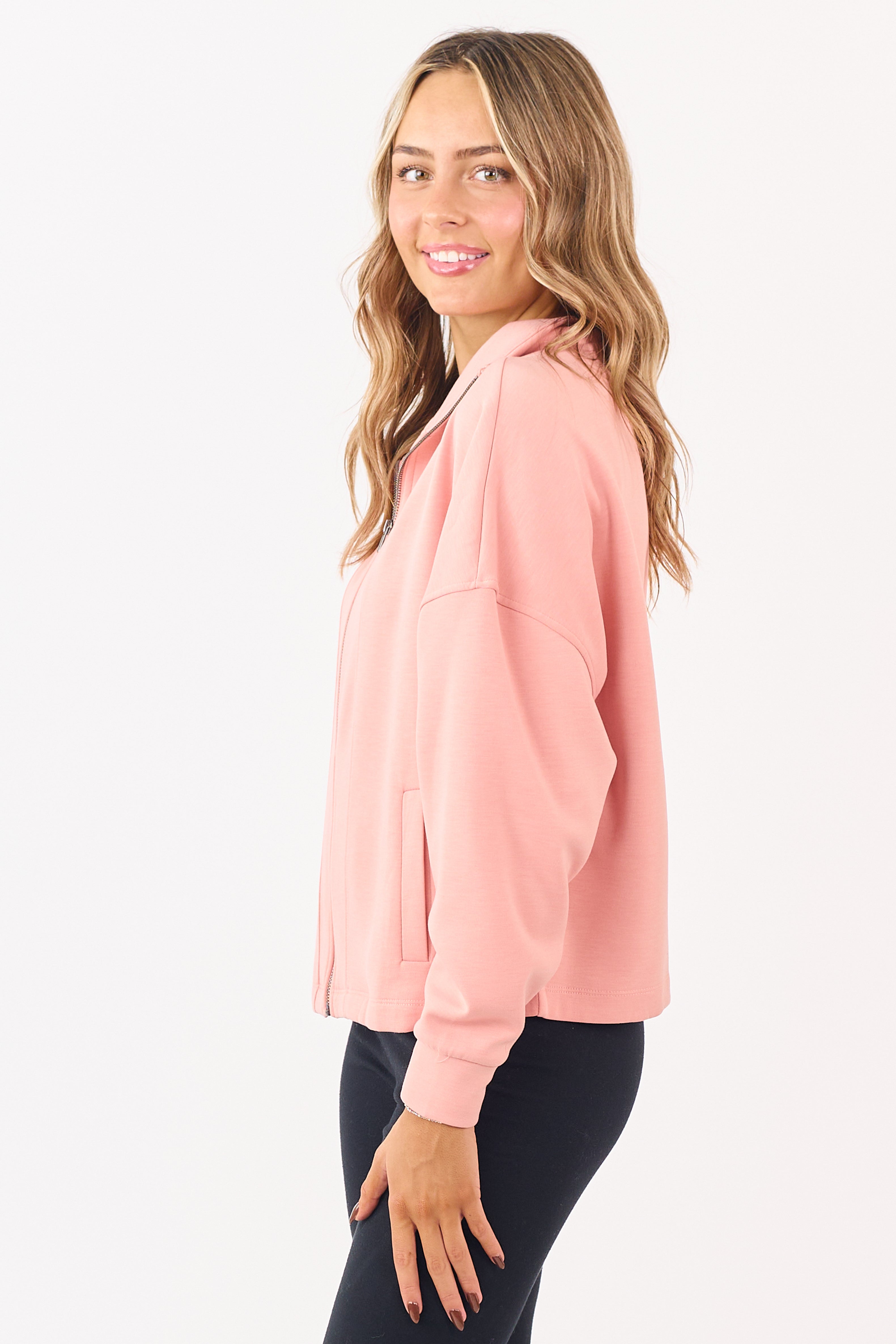 Coral Soft Scuba Knit Mock Neck Zip Up Jacket