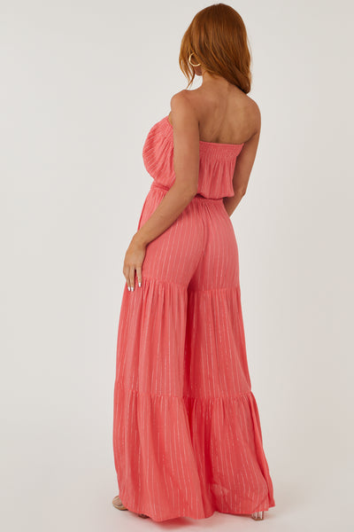 Coral Strapless Wide Leg Lurex Jumpsuit