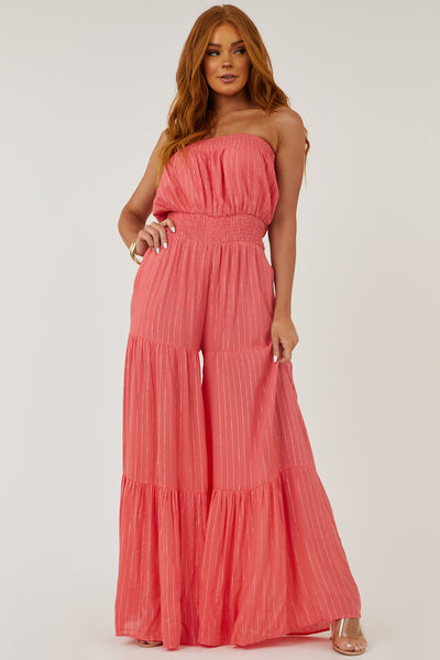Coral Strapless Wide Leg Lurex Jumpsuit
