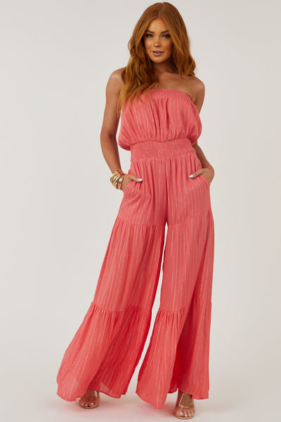 Coral Strapless Wide Leg Lurex Jumpsuit
